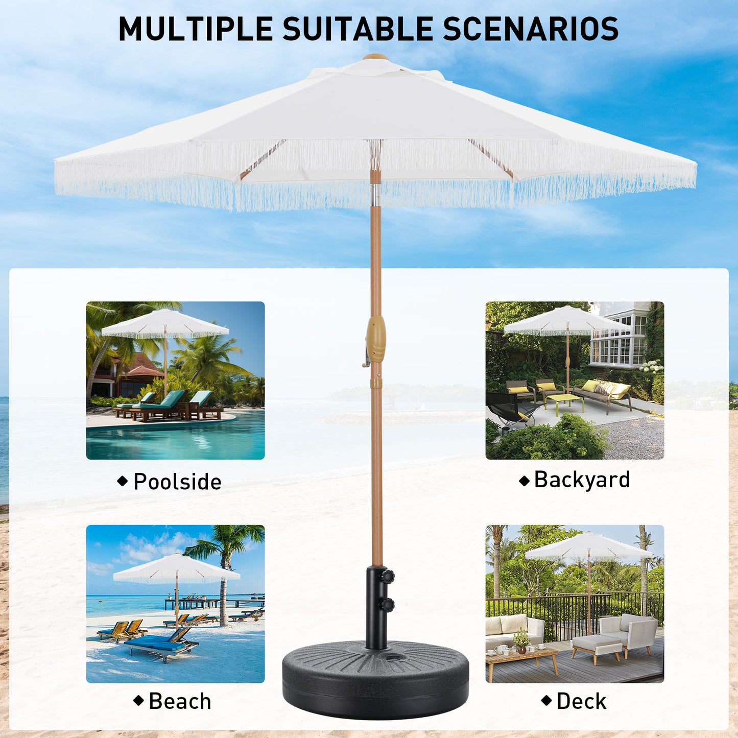 Autlaycil 7.5 ft Fringe Patio Umbrella and Umbrella Base for Beach, Pool, Adjustable Outdoor Market Umbrellas (White)