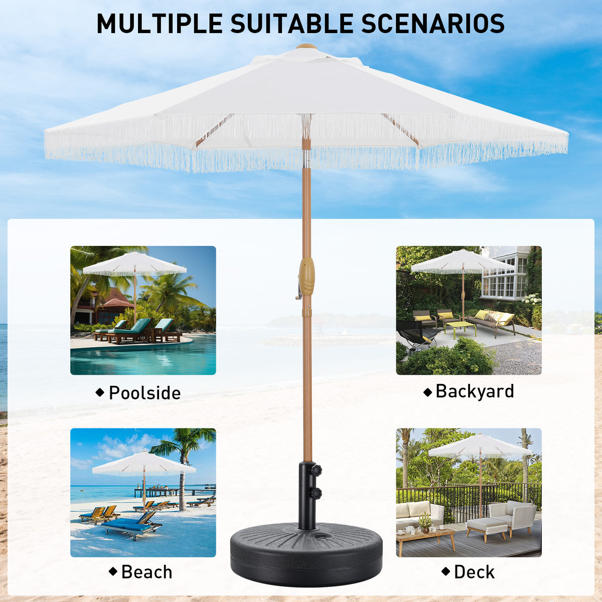 Autlaycil 7.5 ft Tassel Patio Umbrella with Umbrella Base, Fringe Stylish Beach, Pool, Adjustable Outdoor Market Umbrellas - White