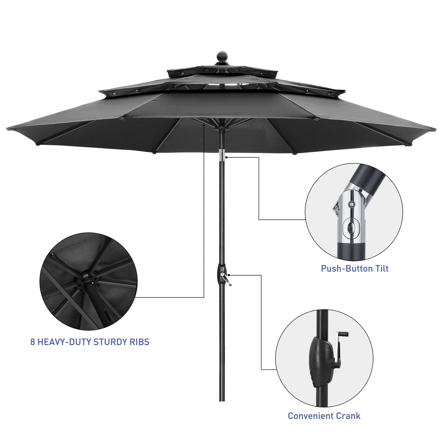 Autlaycil 10' Patio Umbrella and Base 3 Tiers with Tilt and Crank for Outdoor, Pool, Beach, Garden, Black