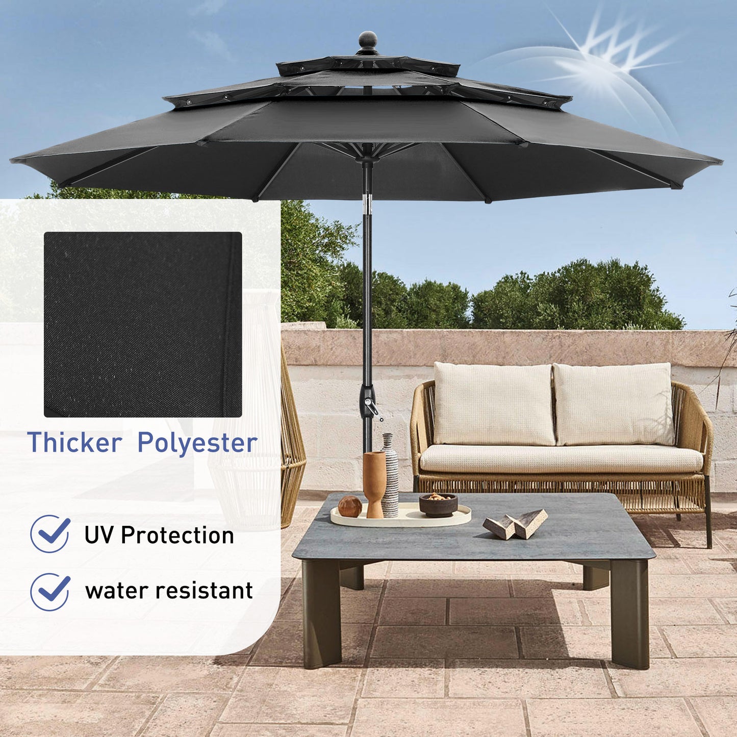 Autlaycil 10' Patio Umbrella and Base 3 Tiers with Tilt and Crank for Outdoor, Pool, Beach, Garden, Black