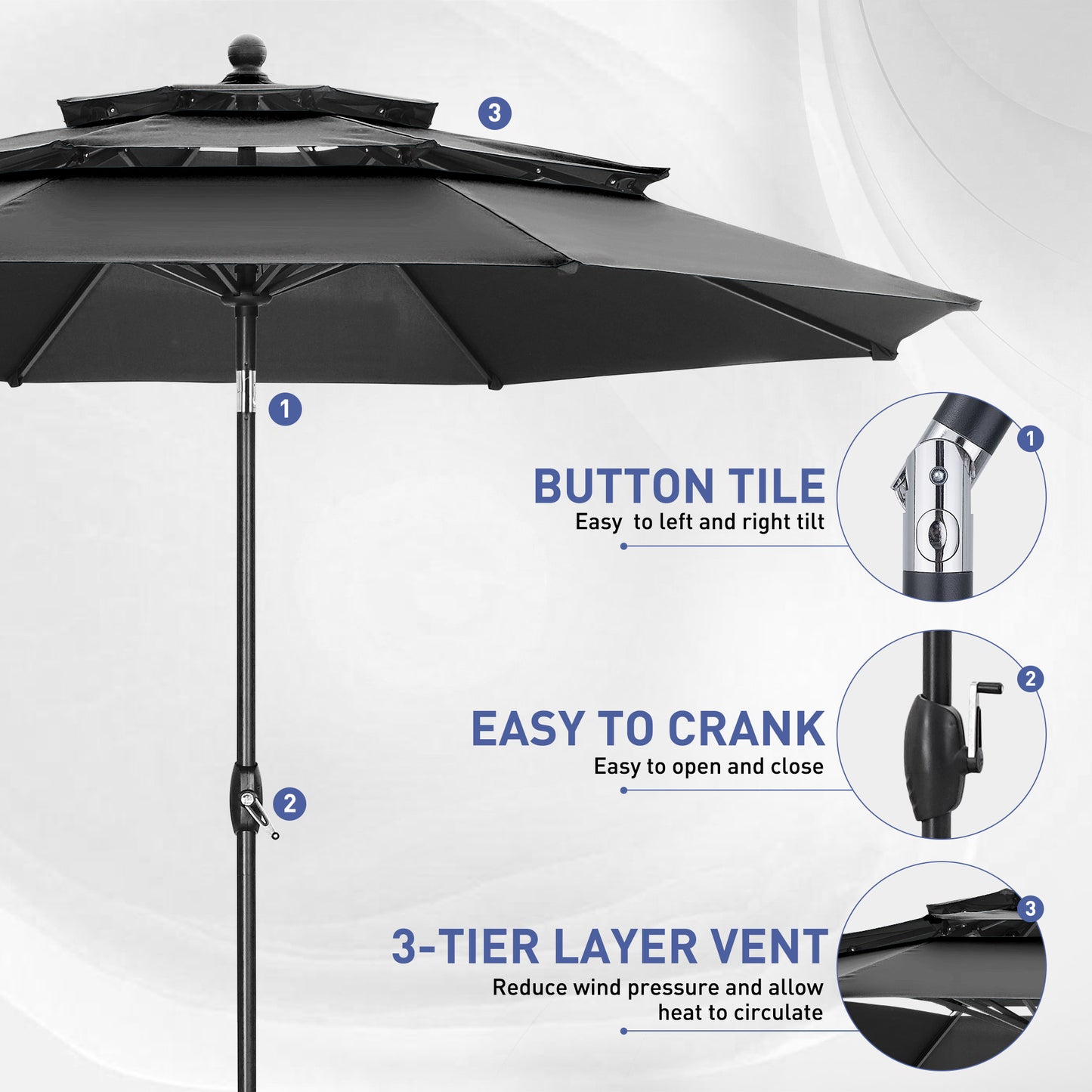 Autlaycil 10 ft Patio Umbrella 3 Tiers Adjustable Outdoor Market Umbrella with Crank for Beach Pool (Black)