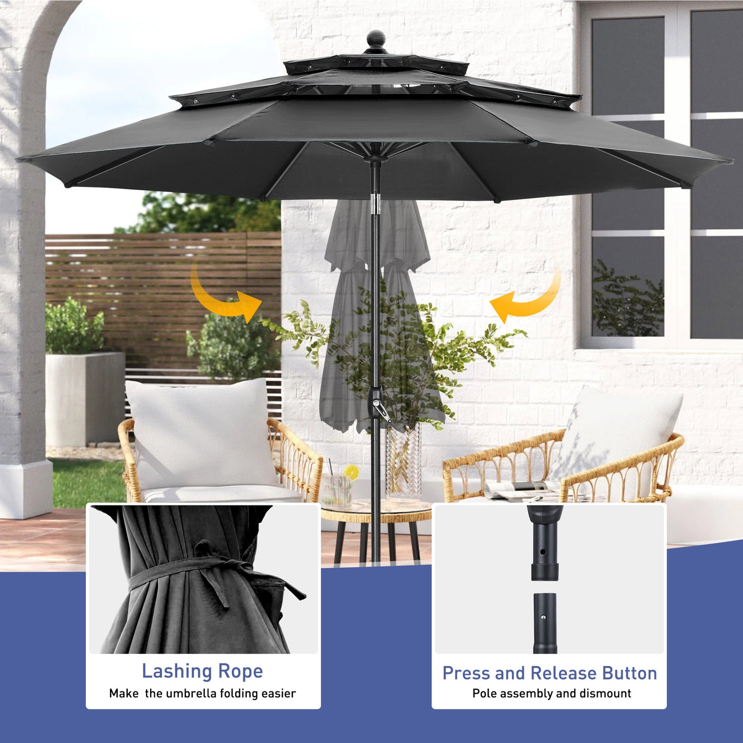 Autlaycil 10 ft Patio Umbrella 3 Tiers Adjustable Outdoor Market Umbrella with Crank for Beach Pool (Black)