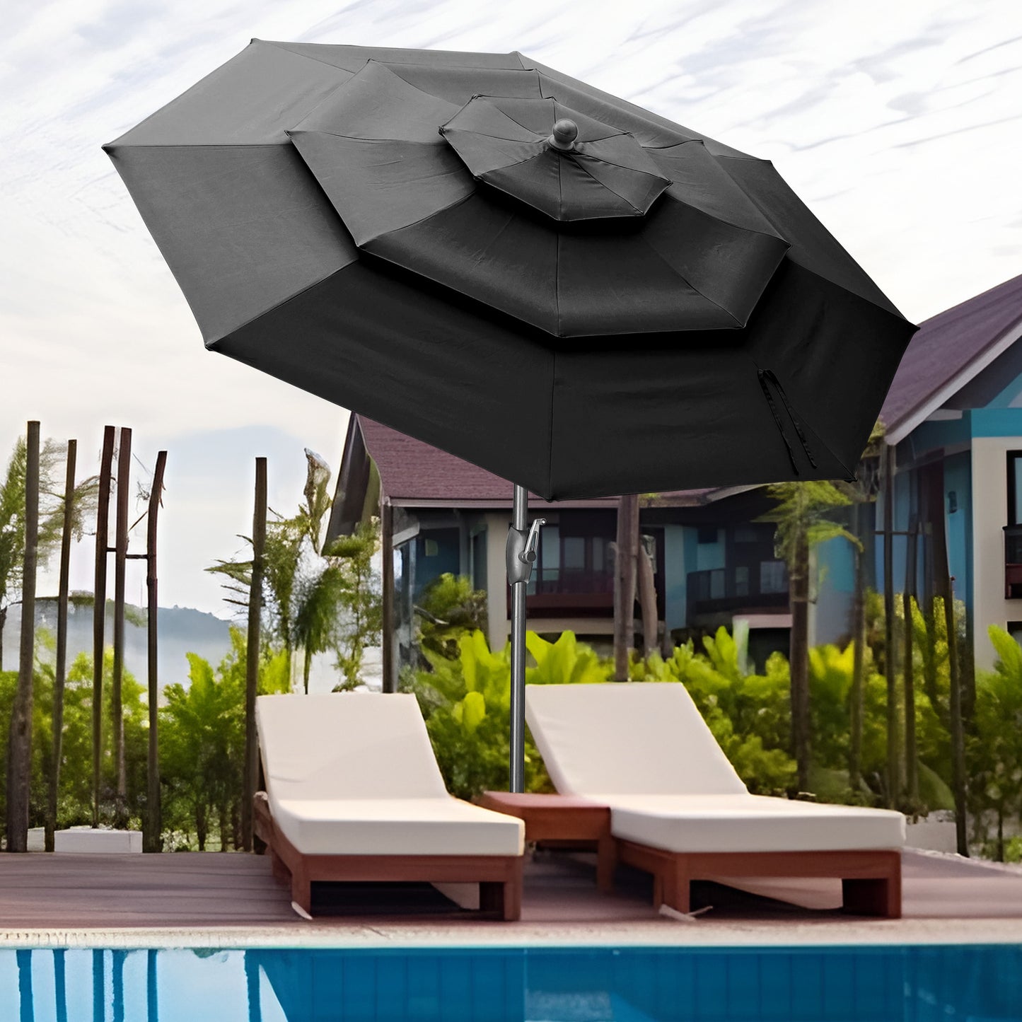 Autlaycil 10 ft Patio Umbrella 3 Tiers Adjustable Outdoor Market Umbrella with Crank for Beach Pool (Black)