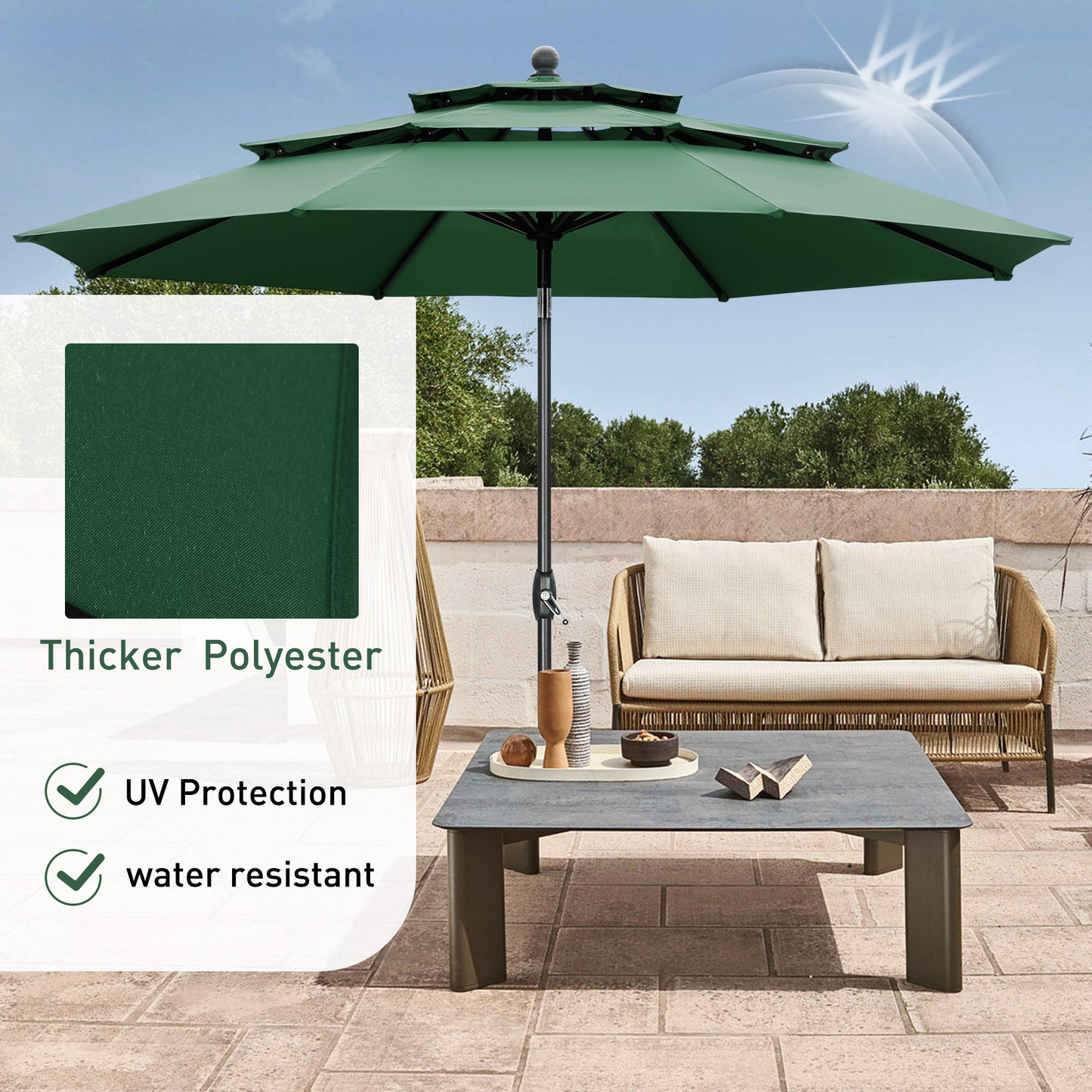 Autlaycil 10' Patio Umbrella and Base 3 Tiers with Tilt and Crank for Outdoor, Pool, Beach, Garden, Green