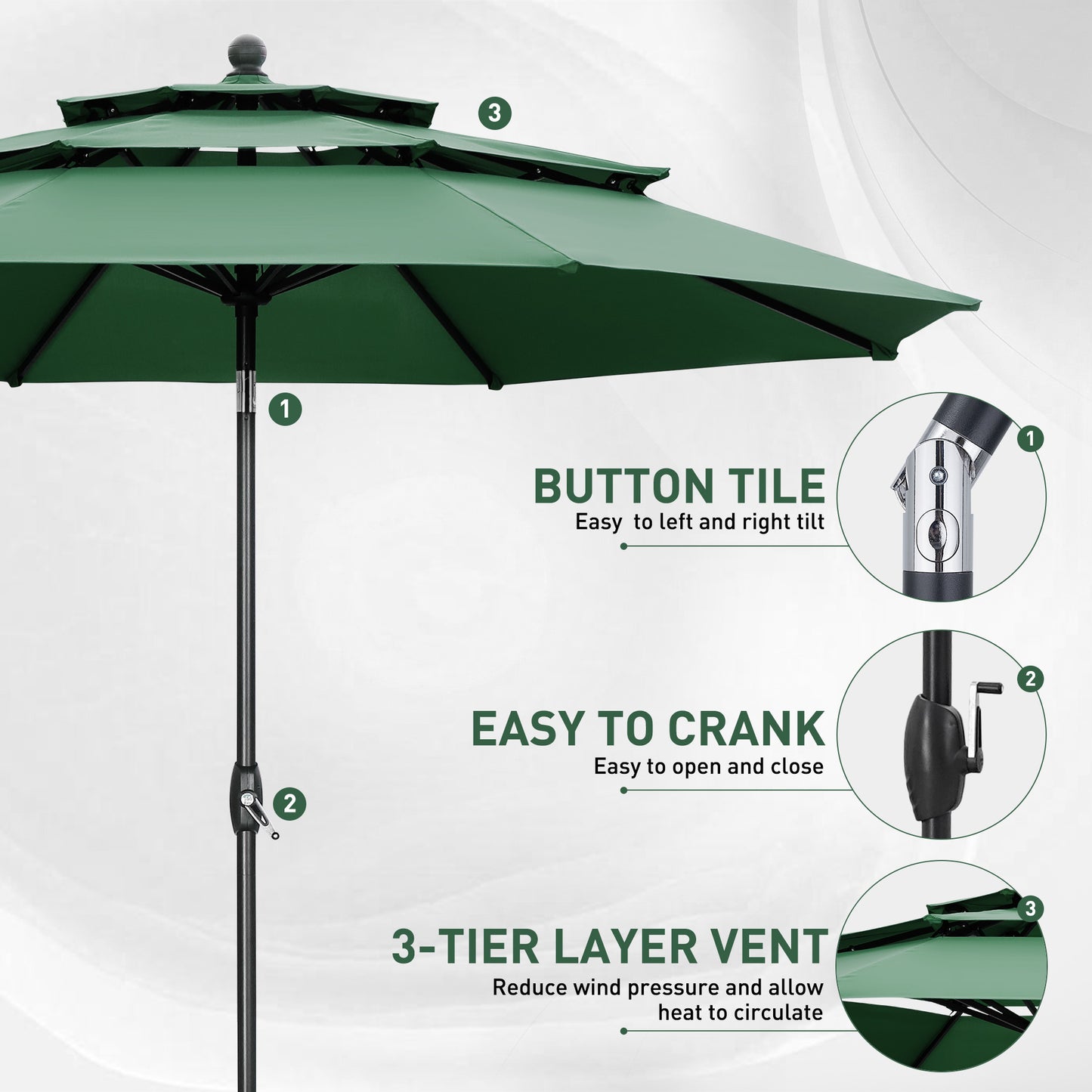 Autlaycil 10 ft Patio Umbrella 3 Tiers Adjustable Outdoor Market Umbrella with Crank for Beach Pool (Green)