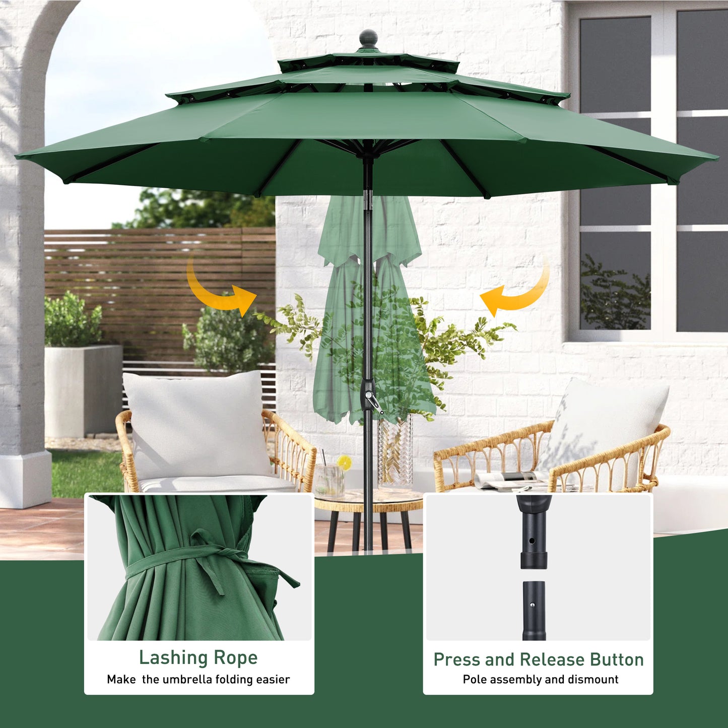 Autlaycil 10 ft Patio Umbrella 3 Tiers Adjustable Outdoor Market Umbrella with Crank for Beach Pool (Green)
