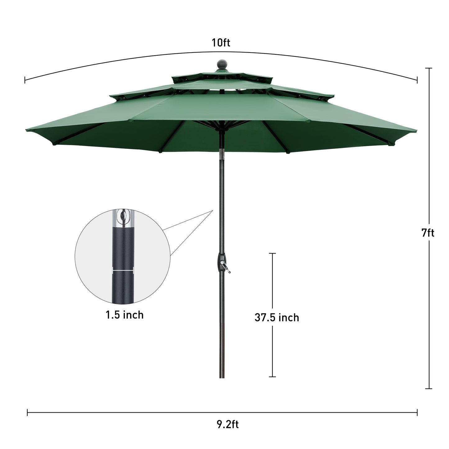 Autlaycil 10 ft Patio Umbrella 3 Tiers Adjustable Outdoor Market Umbrella with Crank for Beach Pool (Green)