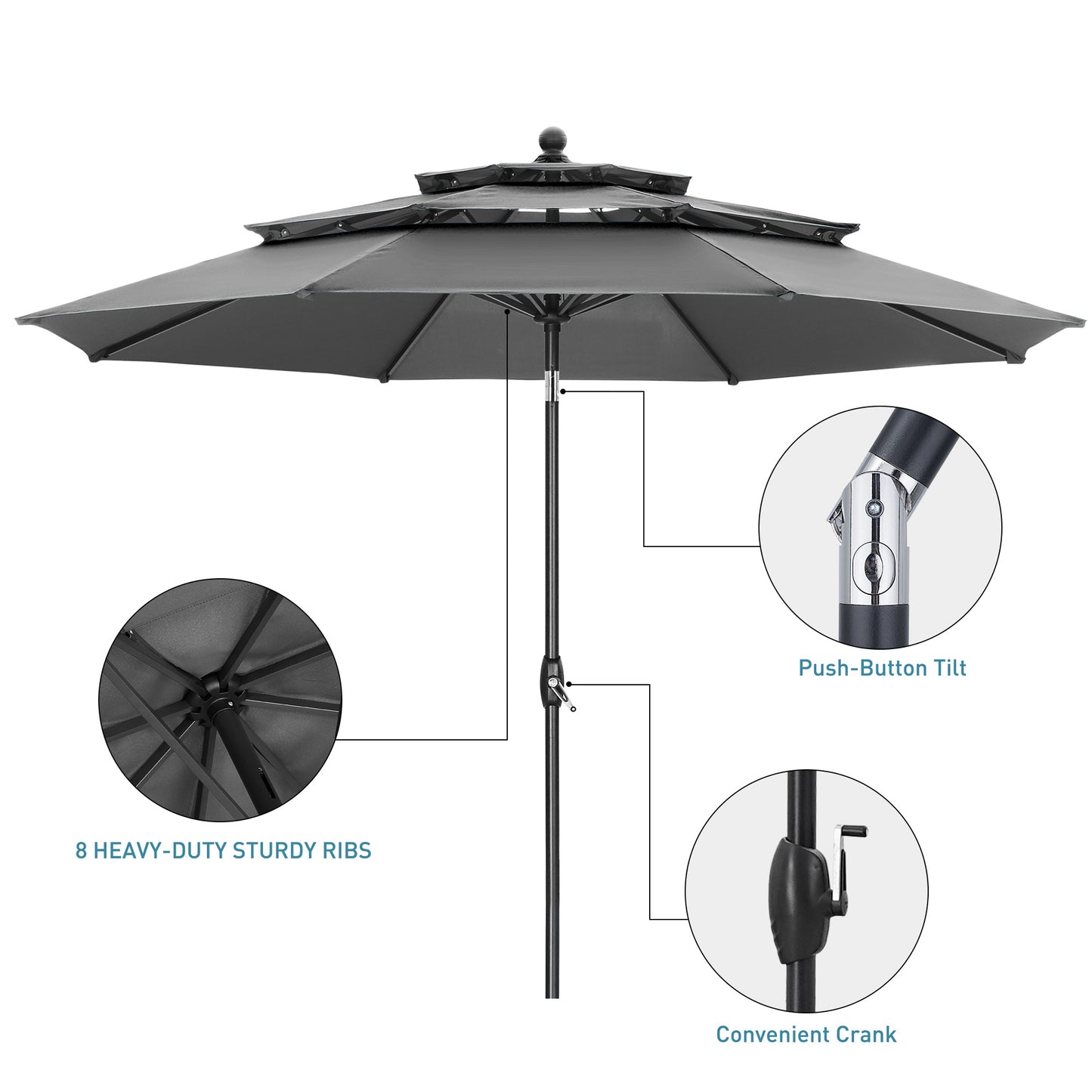 Autlaycil 10' Patio Umbrella and Base 3 Tiers with Tilt and Crank for Outdoor, Pool, Beach, Garden, Grey