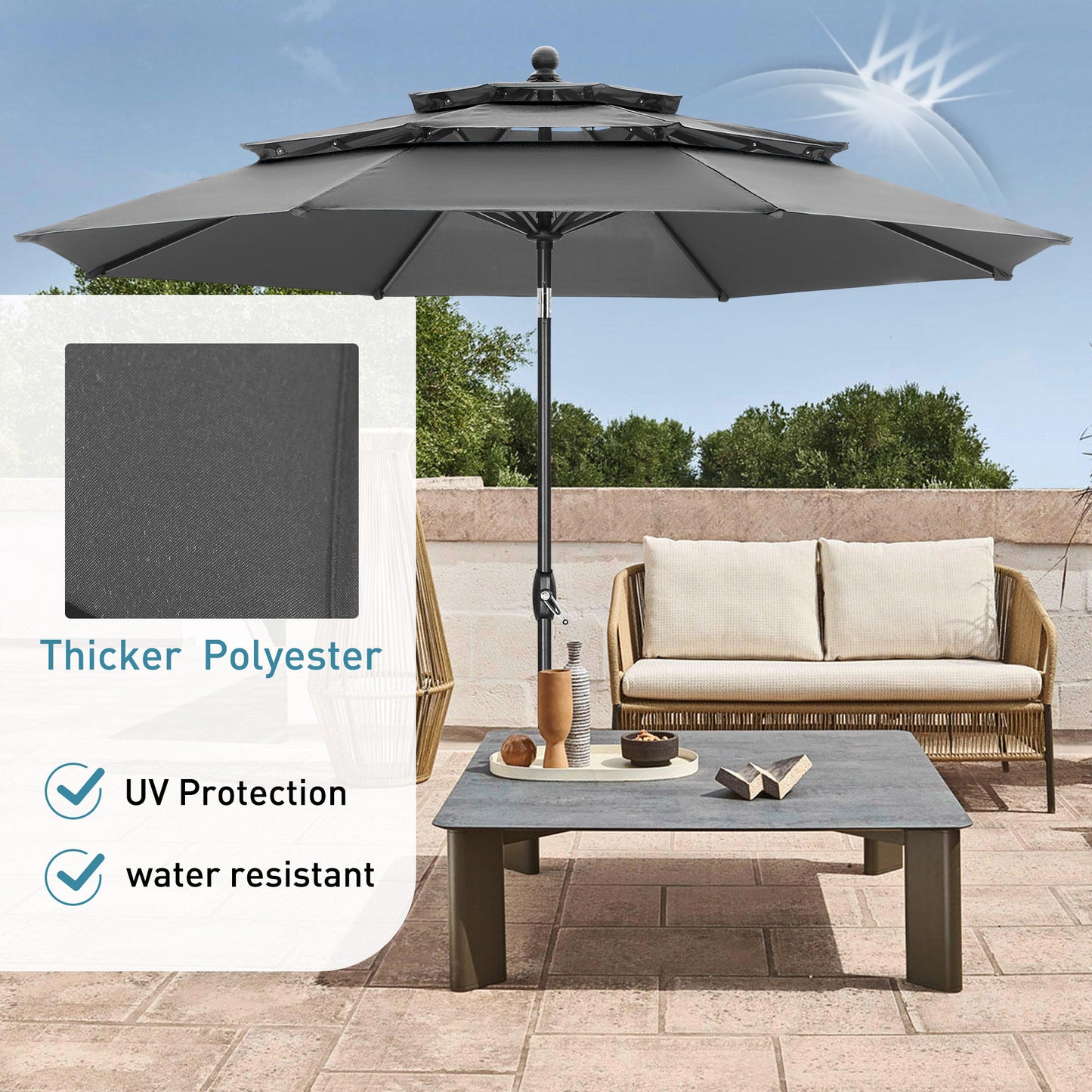 Autlaycil 10' Patio Umbrella and Base 3 Tiers with Tilt and Crank for Outdoor, Pool, Beach, Garden, Grey