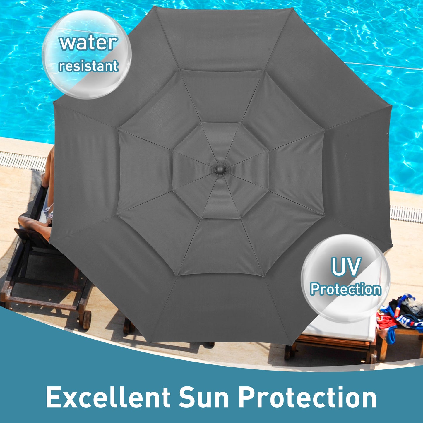 Autlaycil 10 ft Patio Umbrella 3 Tiers Adjustable Outdoor Market Umbrella with Crank for Beach Pool (Grey)