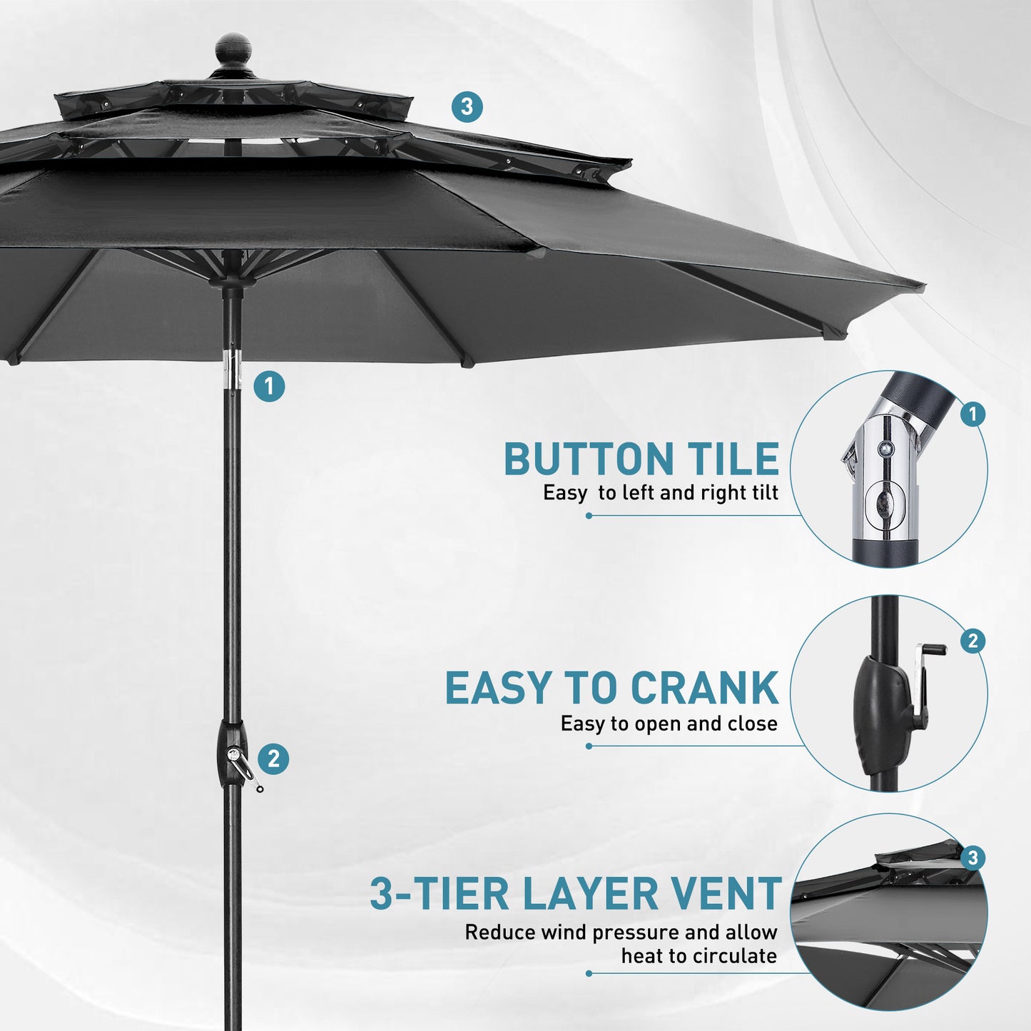 Autlaycil 10 ft Patio Umbrella 3 Tiers Adjustable Outdoor Market Umbrella with Crank for Beach Pool (Grey)