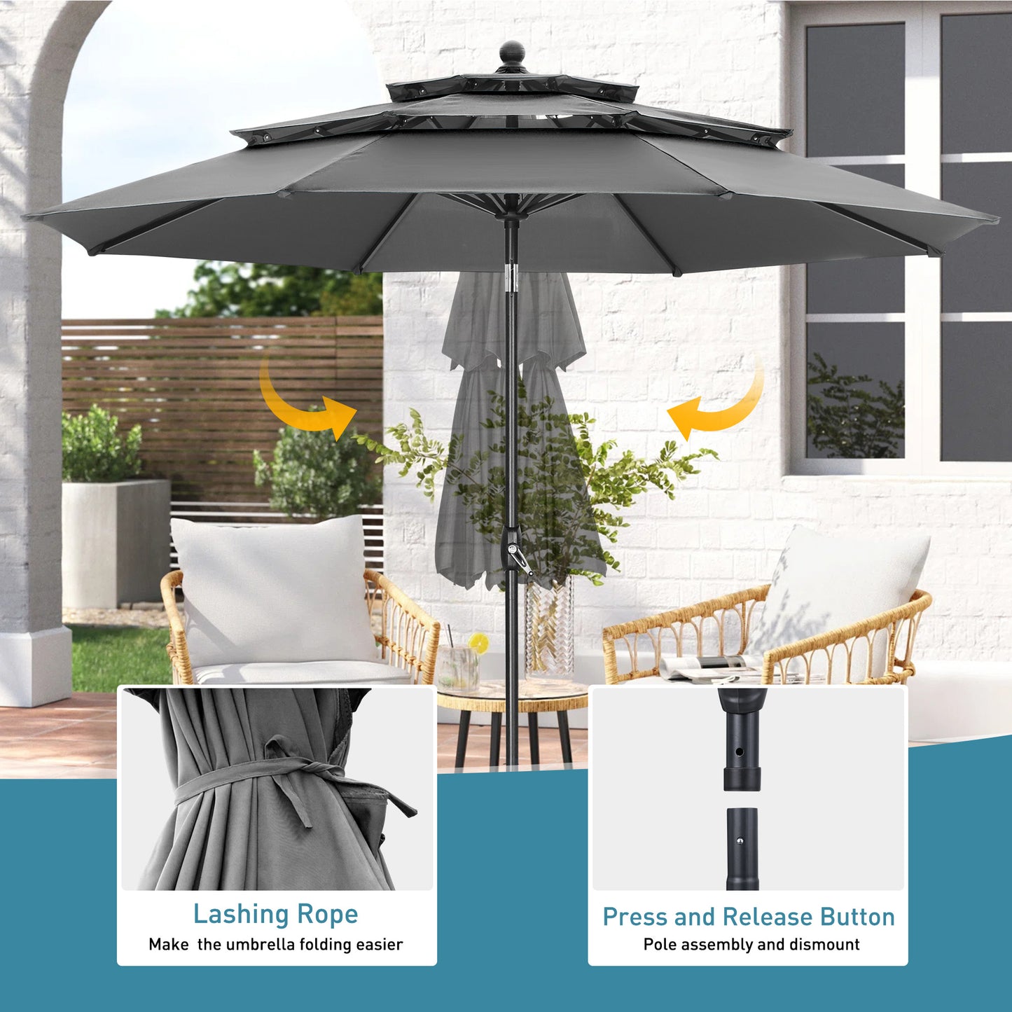 Autlaycil 10 ft Patio Umbrella 3 Tiers Adjustable Outdoor Market Umbrella with Crank for Beach Pool (Grey)