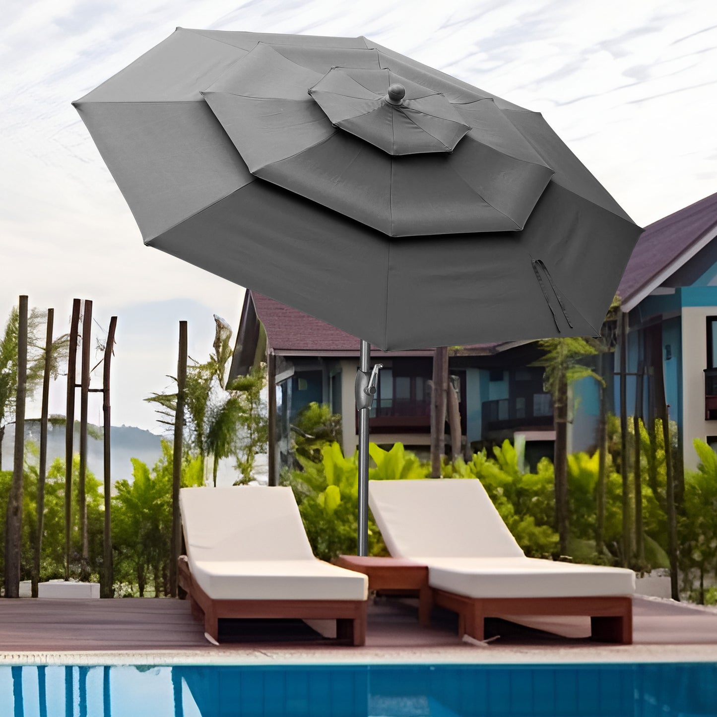 Autlaycil 10 ft Patio Umbrella 3 Tiers Adjustable Outdoor Market Umbrella with Crank for Beach Pool (Grey)