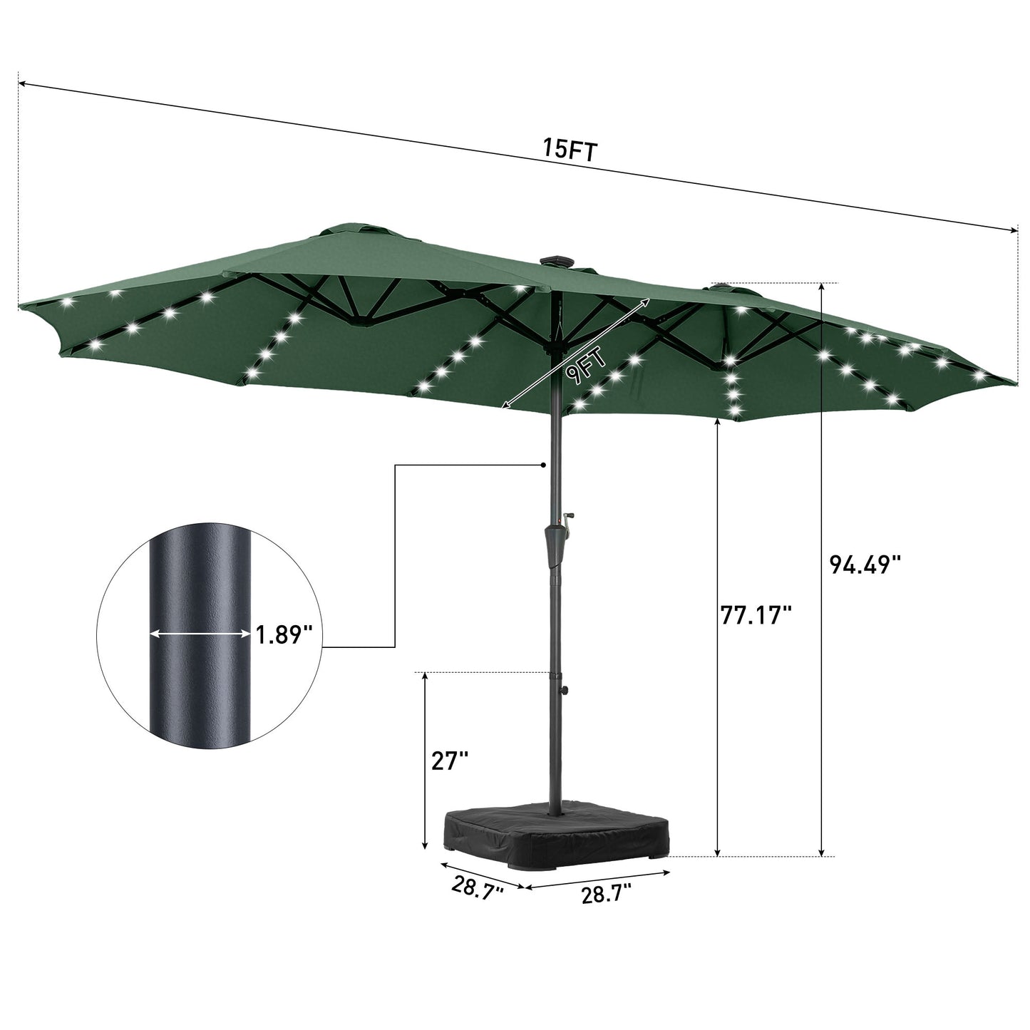 Autlaycil 15' Market Patio Umbrella and Matching Base with Crank System and 48 Solar Powered LED Lights for Outdoor, Market, Beach, Garden, Yard, Party, Green
