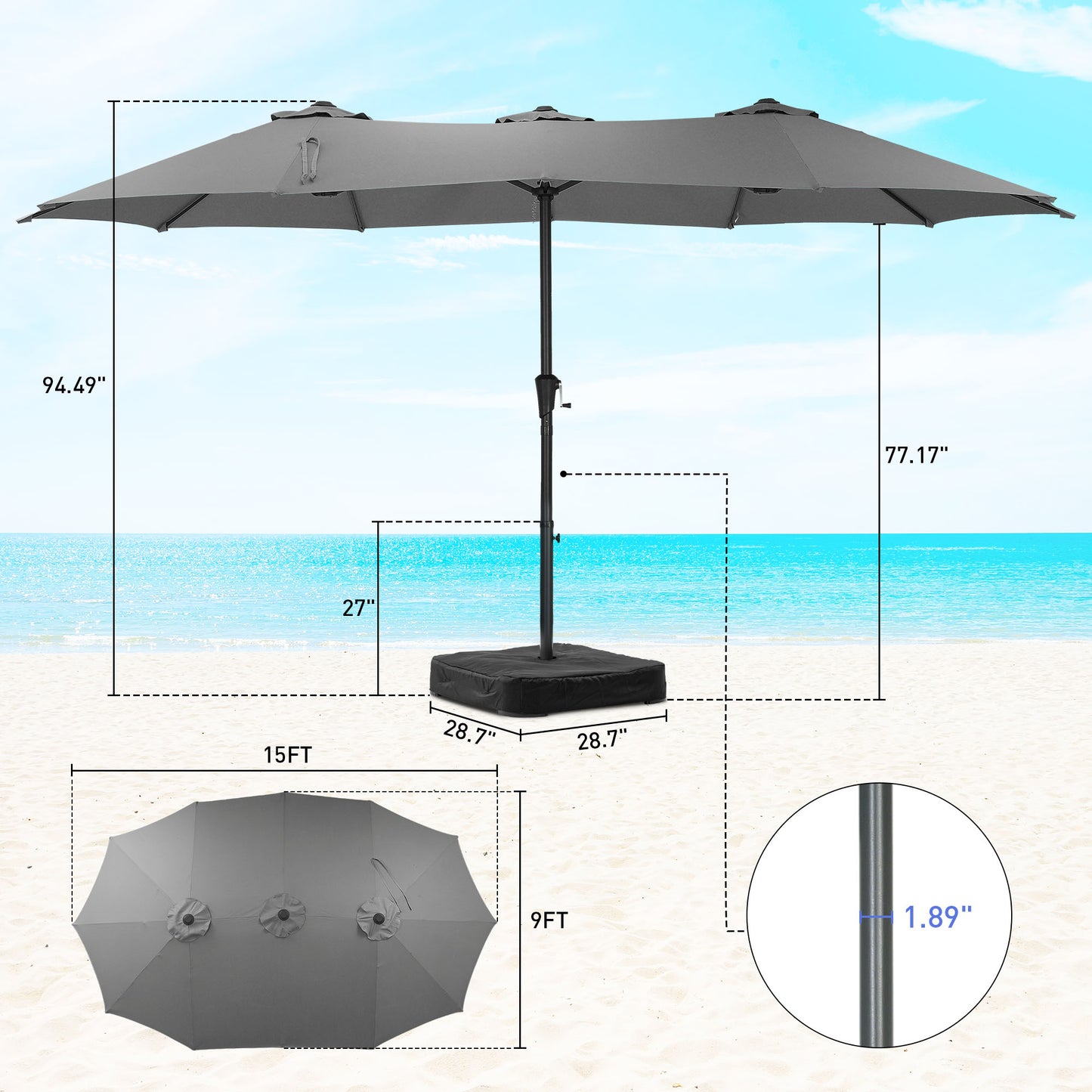 Autlaycil 15' Pool Patio Umbrella and Umbrella Base,Extra Large Umbrella with Crank, for Outdoor, Market, Beach, Garden, Yard, Party, Gray