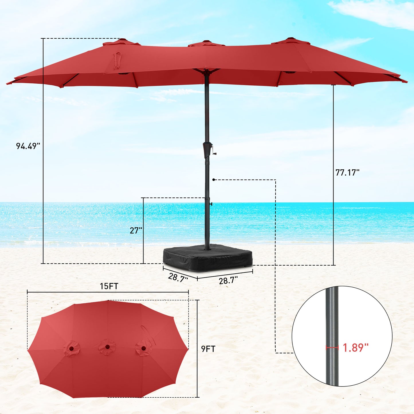 Autlaycil 15' Pool Patio Umbrella and Umbrella Base,Extra Large Umbrella with Crank, for Outdoor, Market, Beach, Garden, Yard, Party, Red