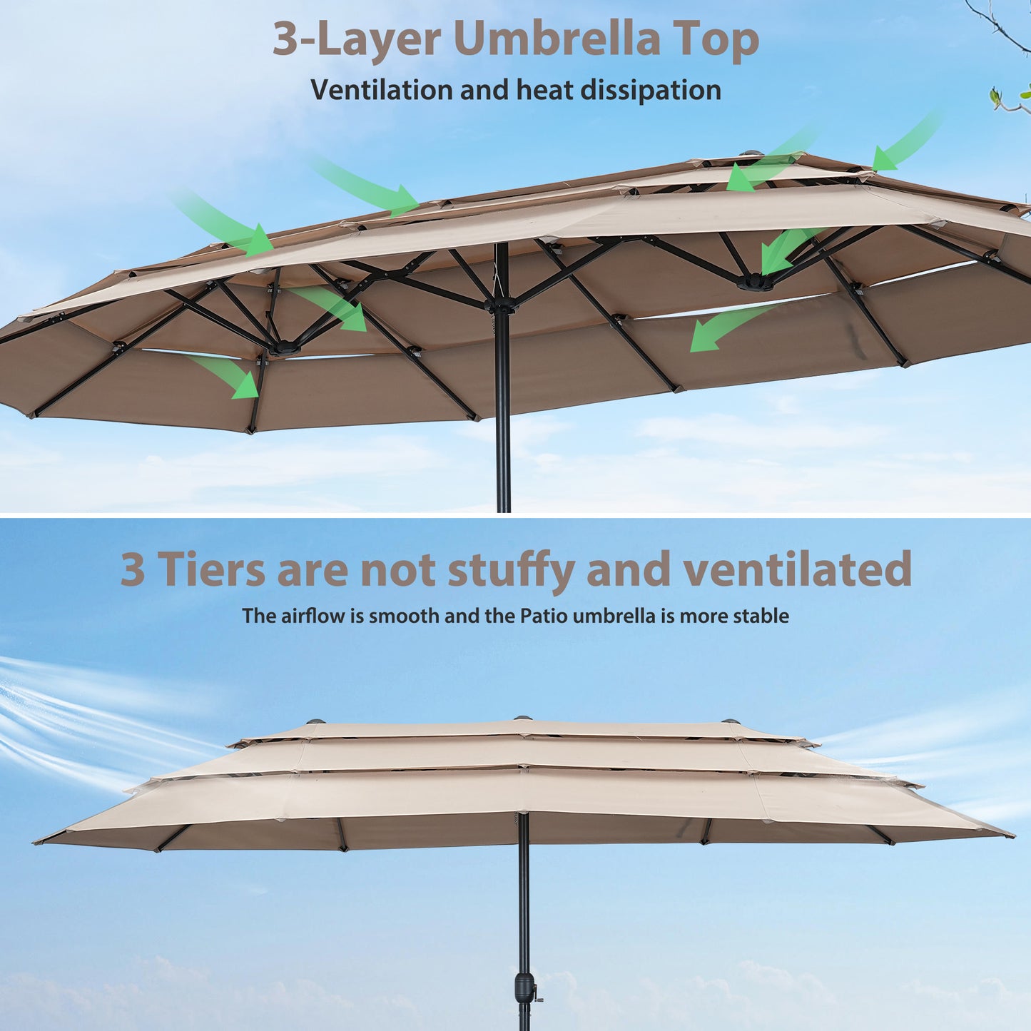 Autlaycil 15ft Patio Umbrella with 3-Tiers Umbrella Top, Airflow Smooth and Stable, Lock Bolt and Crank,Beige