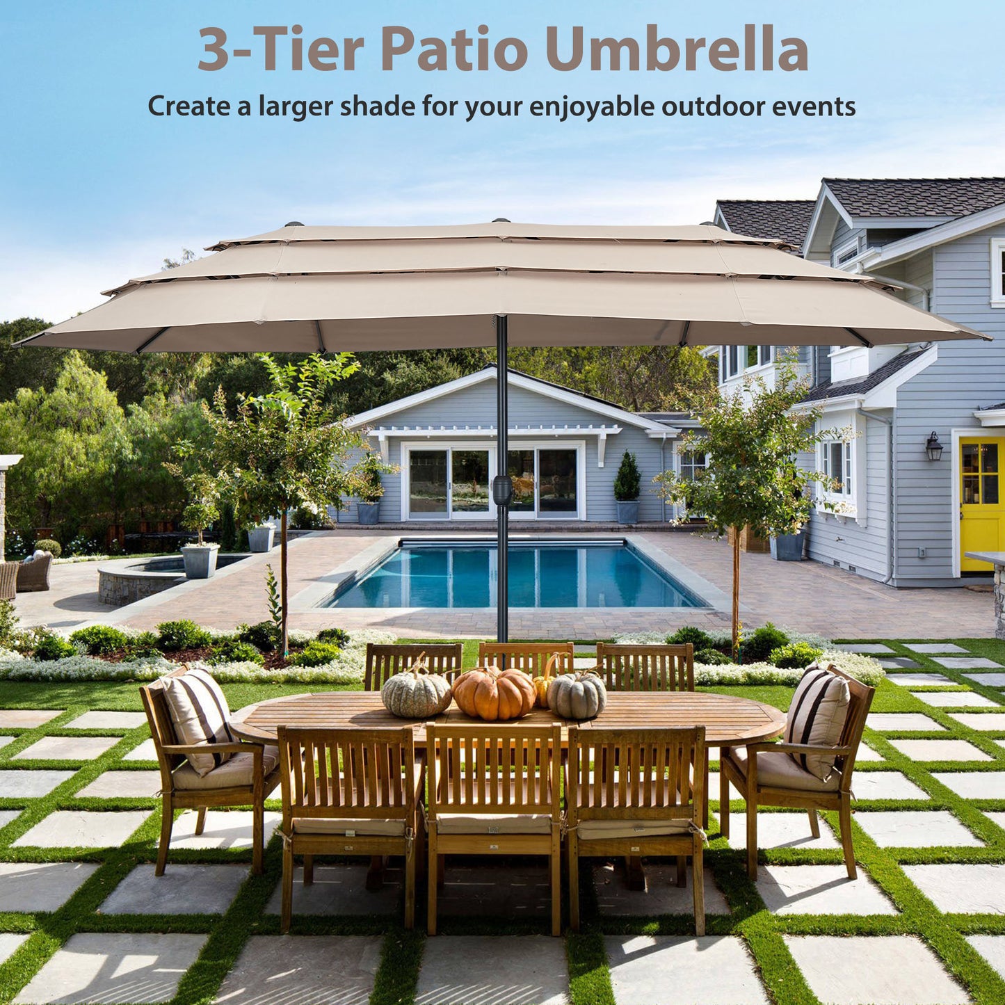 Autlaycil 15ft Patio Umbrella with 3-Tiers Umbrella Top, Airflow Smooth and Stable, Lock Bolt and Crank,Beige