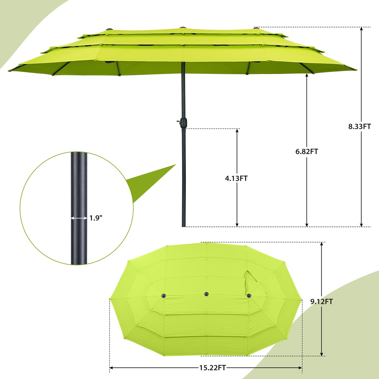 Autlaycil 15ft Patio Umbrella with 3-Tiers Umbrella Top, Airflow Smooth and Stable, Lock Bolt and Crank,Grass Green
