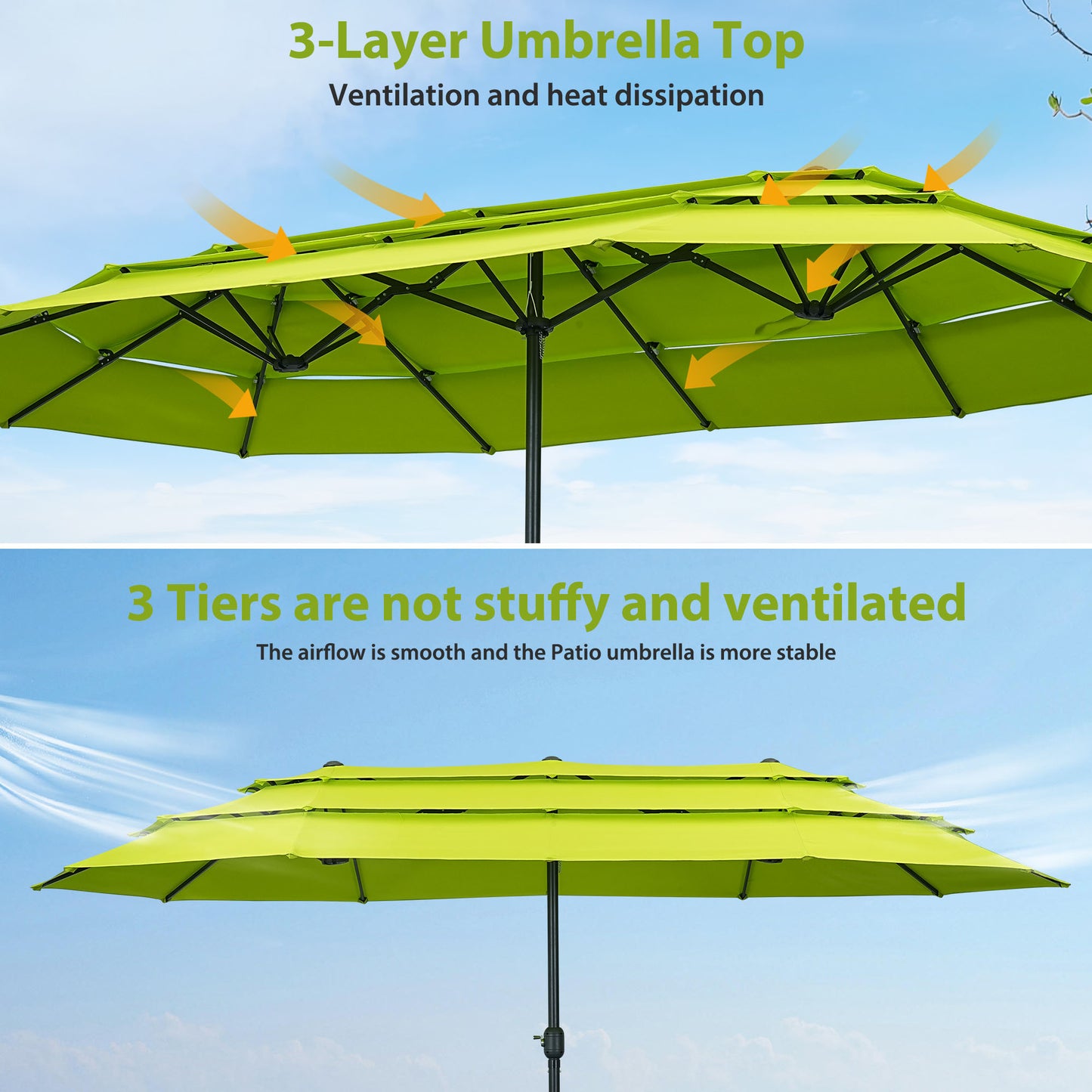 Autlaycil 15ft Patio Umbrella with 3-Tiers Umbrella Top, Airflow Smooth and Stable, Lock Bolt and Crank,Grass Green