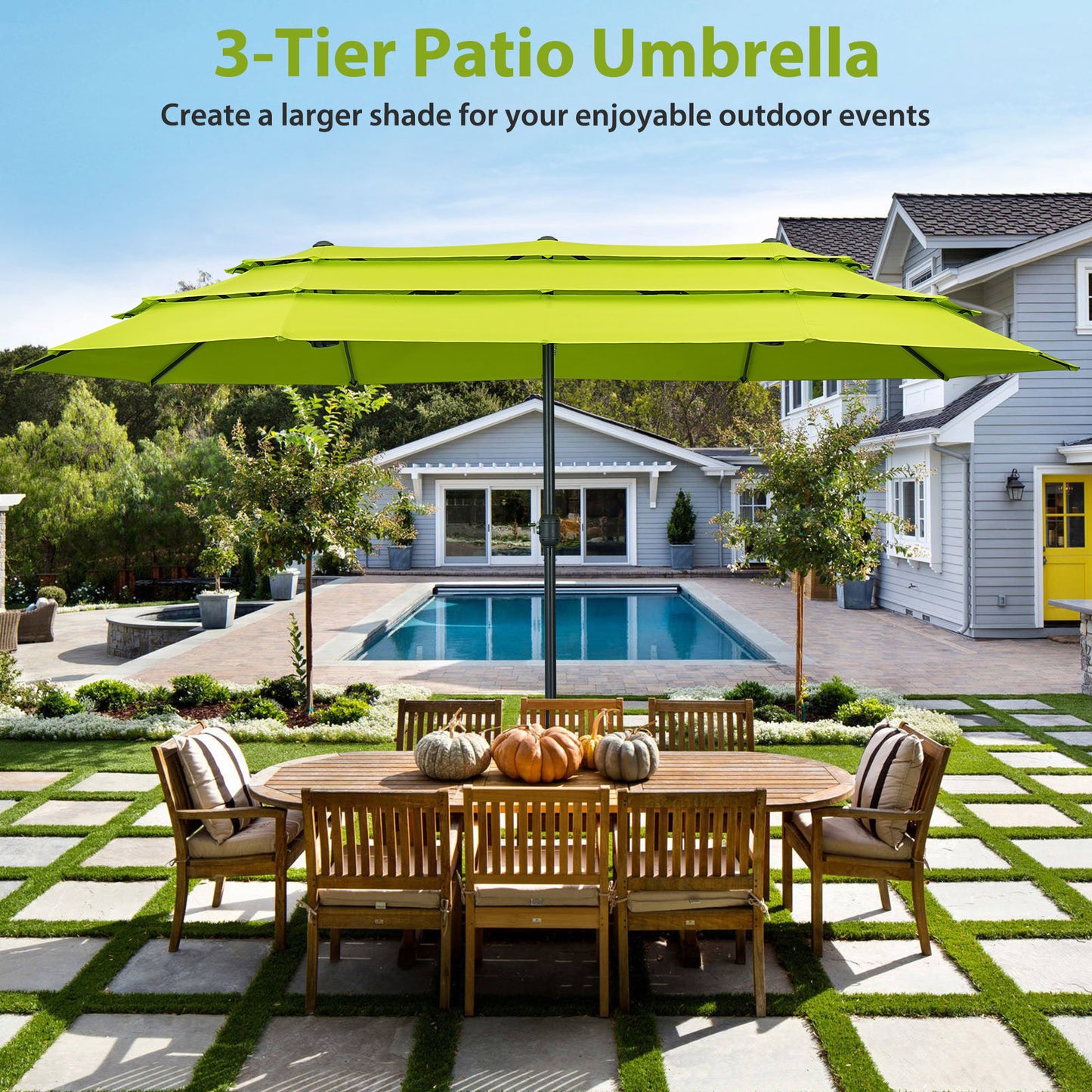 Autlaycil 15ft Patio Umbrella with 3-Tiers Umbrella Top, Airflow Smooth and Stable, Lock Bolt and Crank,Grass Green