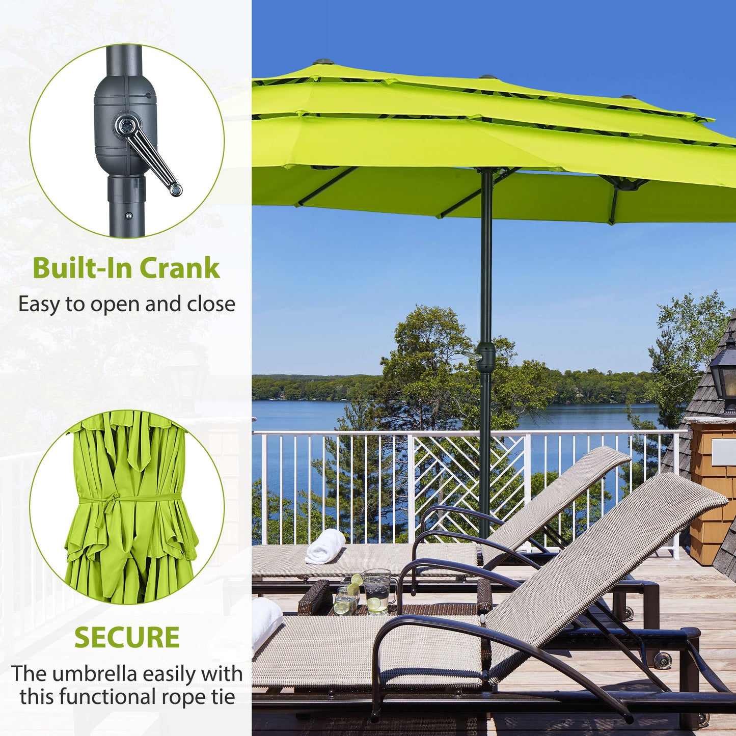 Autlaycil 15ft Patio Umbrella with 3-Tiers Umbrella Top, Airflow Smooth and Stable, Lock Bolt and Crank,Grass Green