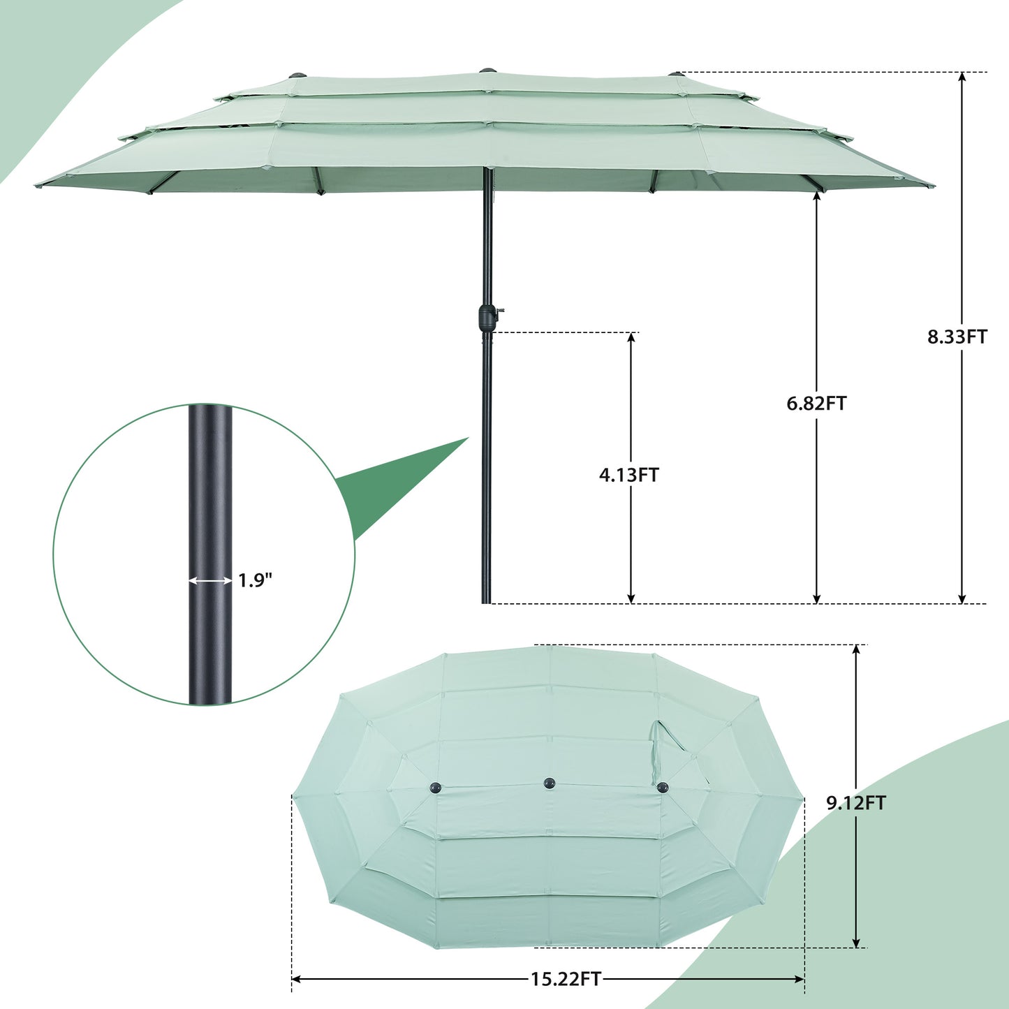 Autlaycil 15ft Patio Umbrella with 3-Tiers Umbrella Top, Airflow Smooth and Stable, Lock Bolt and Crank,Mint Green