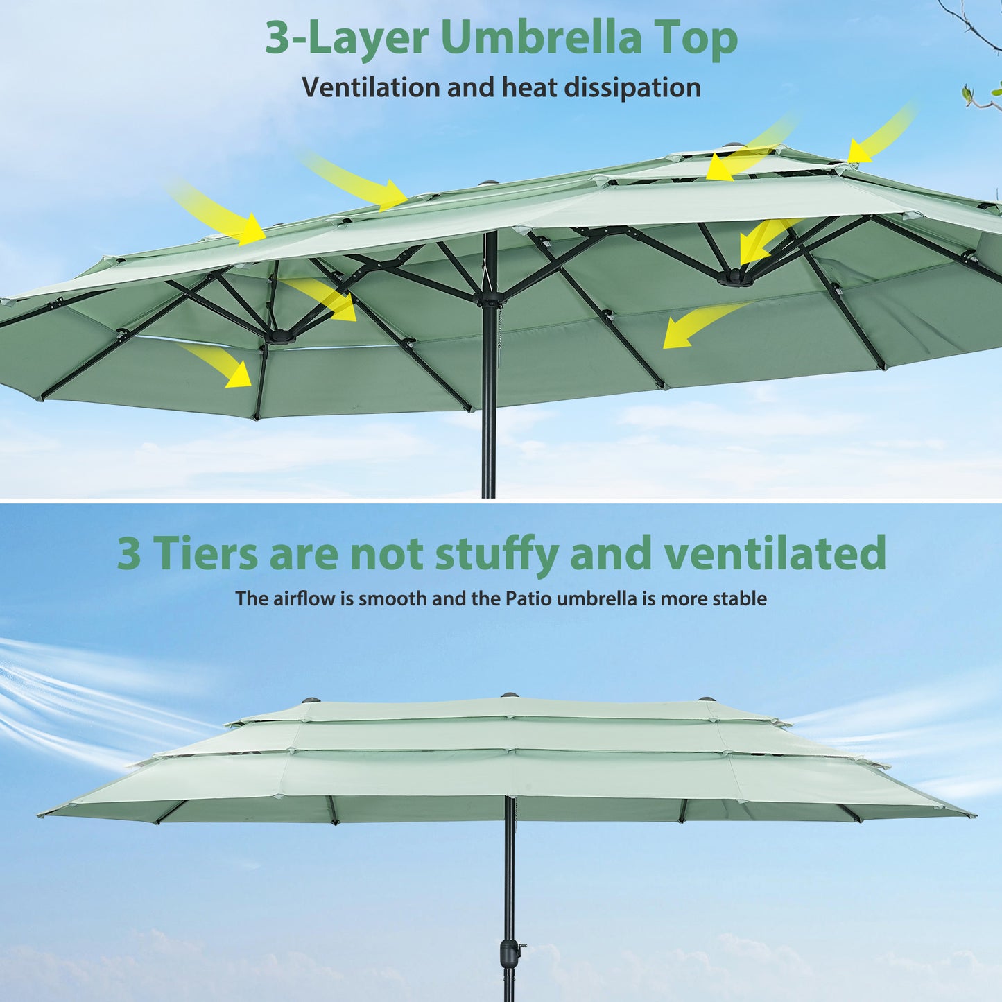 Autlaycil 15ft Patio Umbrella with 3-Tiers Umbrella Top, Airflow Smooth and Stable, Lock Bolt and Crank,Mint Green