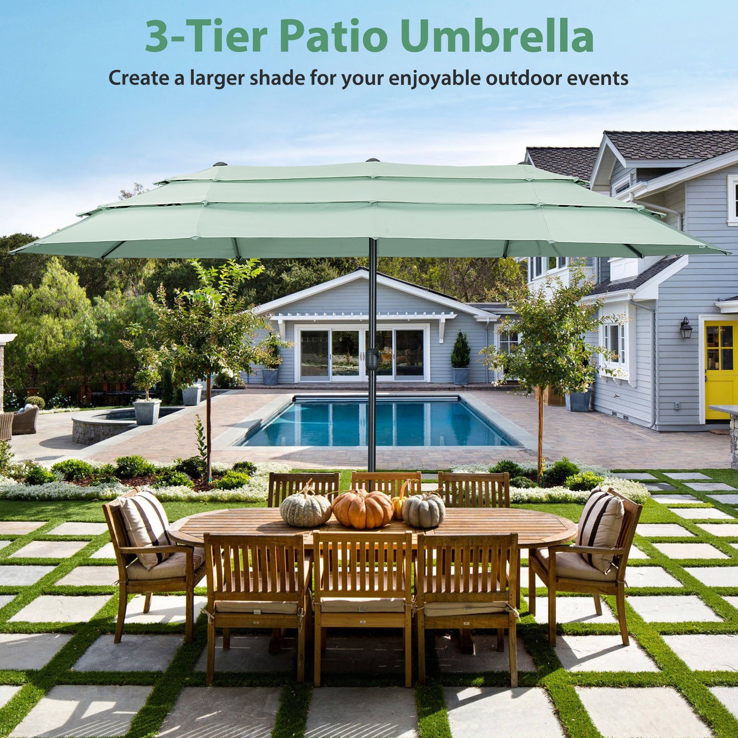 Autlaycil 15ft Patio Umbrella with 3-Tiers Umbrella Top, Airflow Smooth and Stable, Lock Bolt and Crank,Mint Green