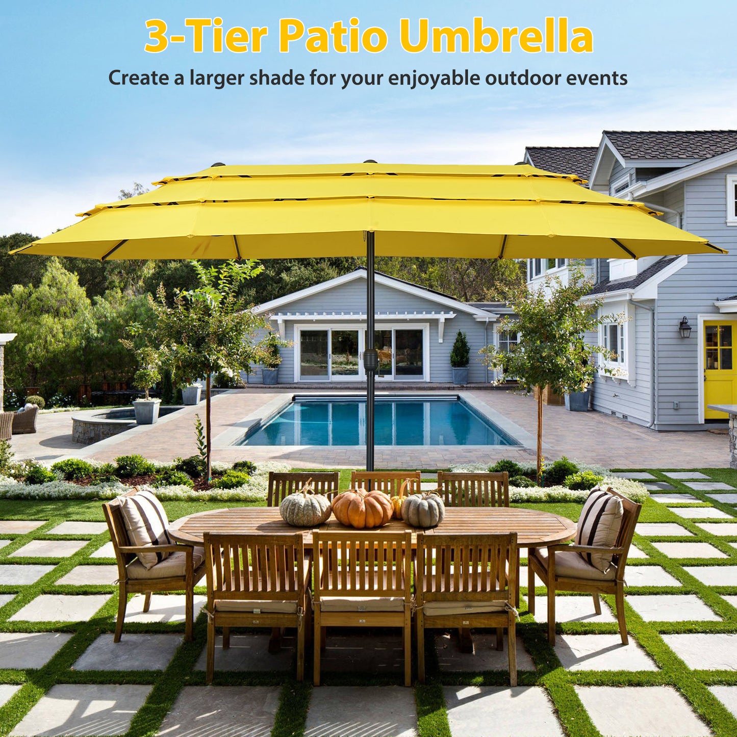 Autlaycil 15ft Patio Umbrella with 3-Tiers Umbrella Top, Airflow Smooth and Stable, Lock Bolt and Crank,Lemon Yellow