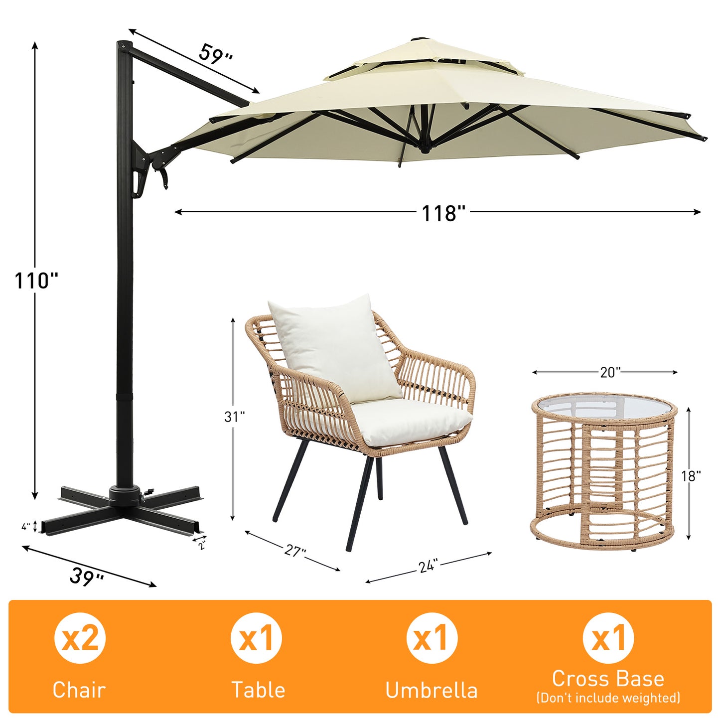 Autlaycil 5 Pcs Patio Outdoor Furniture Sets Contains 2 Wicker Furniture Patio Bistro Chairs, Table, 10 ft Patio Cantilever Umbrella and Cross Base, Beige