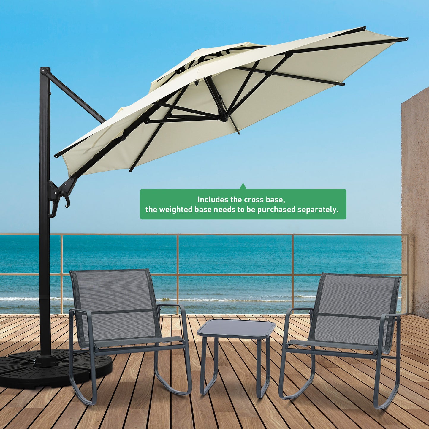 Autlaycil 5 Pcs Patio Outdoor Furniture Sets Contains 2 Textilene Fabric Rocking Bistro Chairs, Table, 10 ft Patio Cantilever Umbrella and Cross Base, Beige