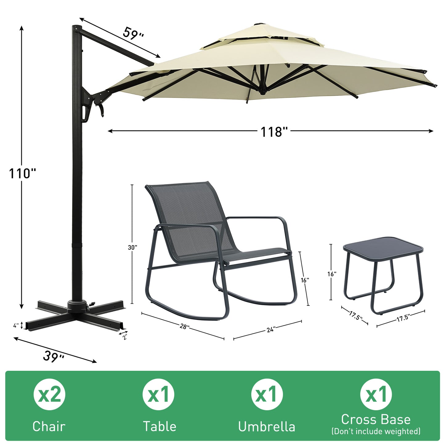 Autlaycil 5 Pcs Patio Outdoor Furniture Sets Contains 2 Textilene Fabric Rocking Bistro Chairs, Table, 10 ft Patio Cantilever Umbrella and Cross Base, Beige