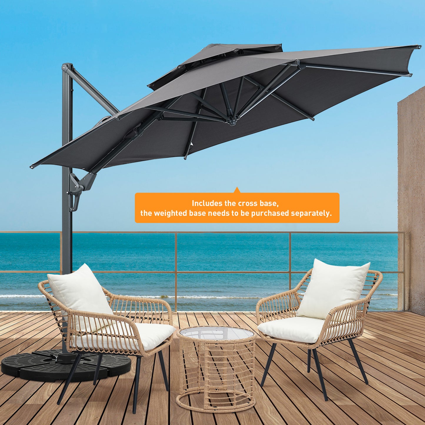 Autlaycil 5 Pcs Patio Outdoor Furniture Sets Contains 2 Wicker Furniture Patio Bistro Chairs, Table, 10 ft Patio Cantilever Umbrella and Cross Base, Gray