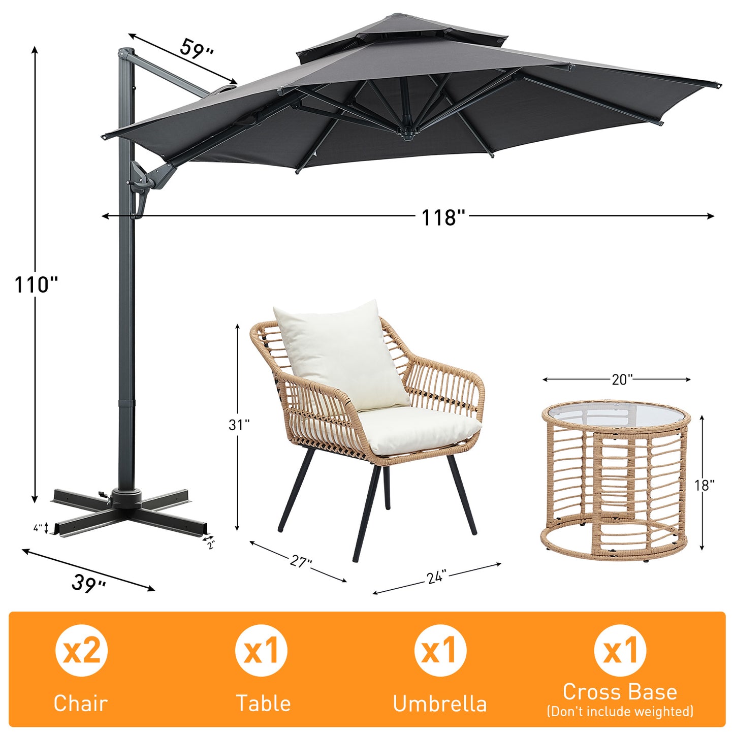Autlaycil 5 Pcs Patio Outdoor Furniture Sets Contains 2 Wicker Furniture Patio Bistro Chairs, Table, 10 ft Patio Cantilever Umbrella and Cross Base, Gray