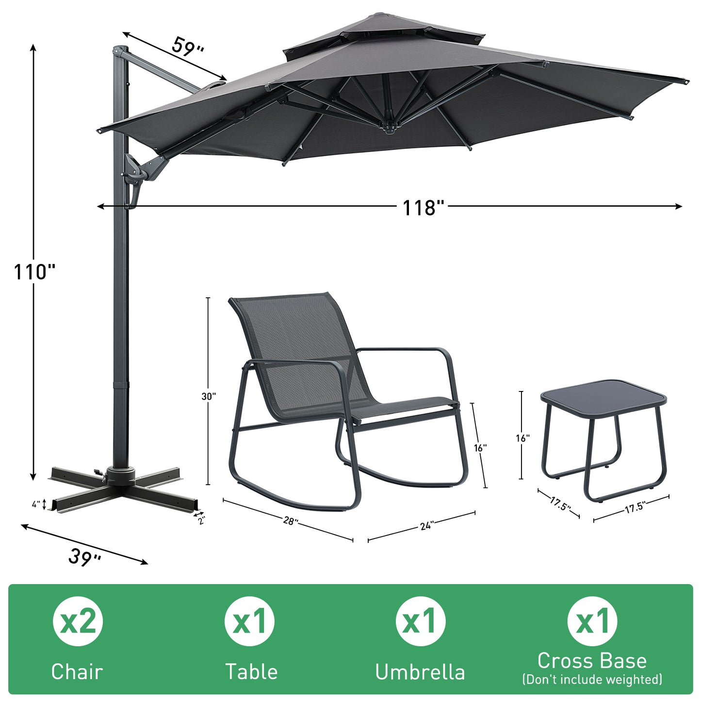 Autlaycil 5 Pcs Patio Outdoor Furniture Sets Contains 2 Textilene Fabric Rocking Bistro Chairs, Table, 10 ft Patio Cantilever Umbrella and Cross Base, Gray