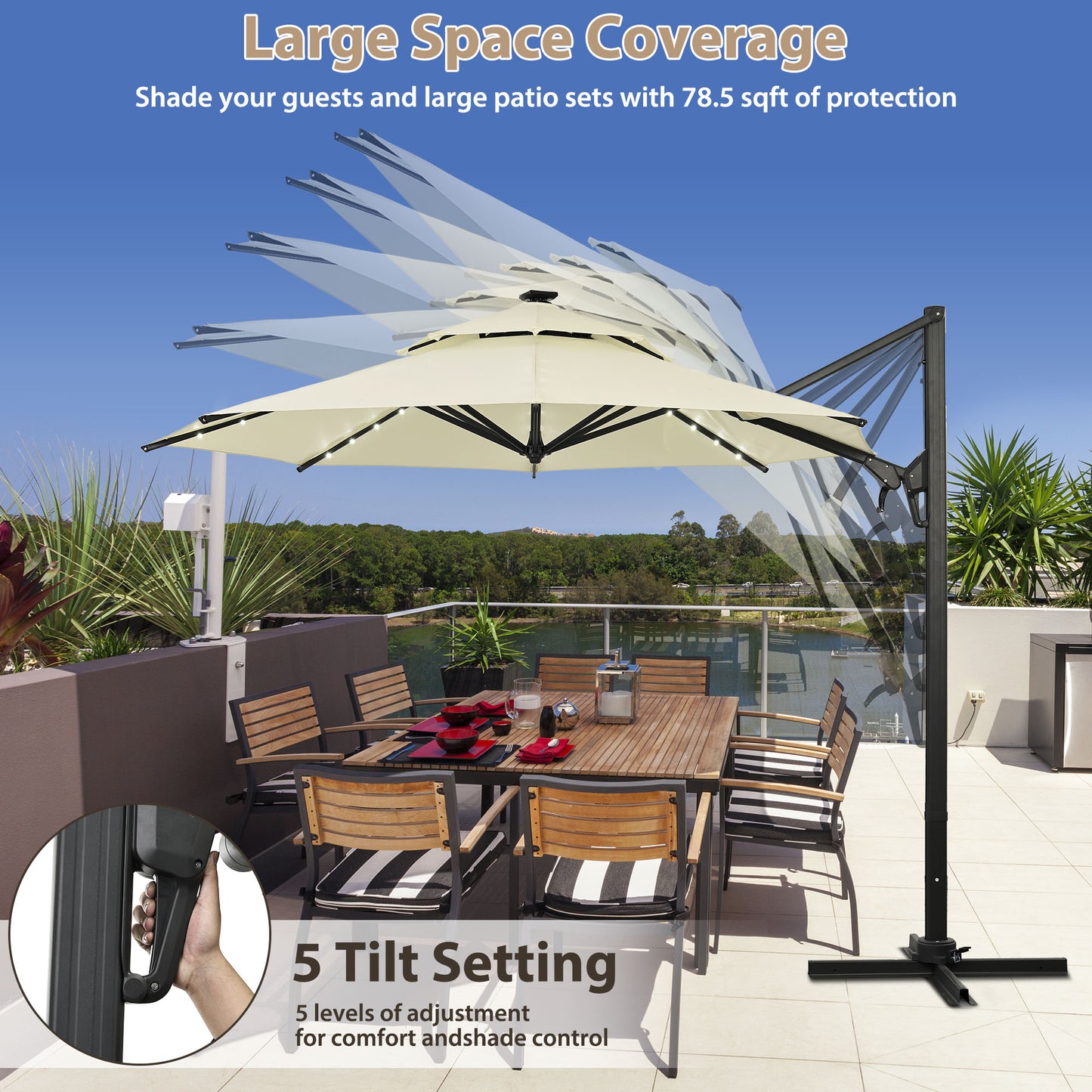 Autlaycil 10' Patio Umbrella with Solar Lights, Aluminum Offset Cantilever Umbrella with 360-degree Rotation for Garden Deck Pool Patio, Beige