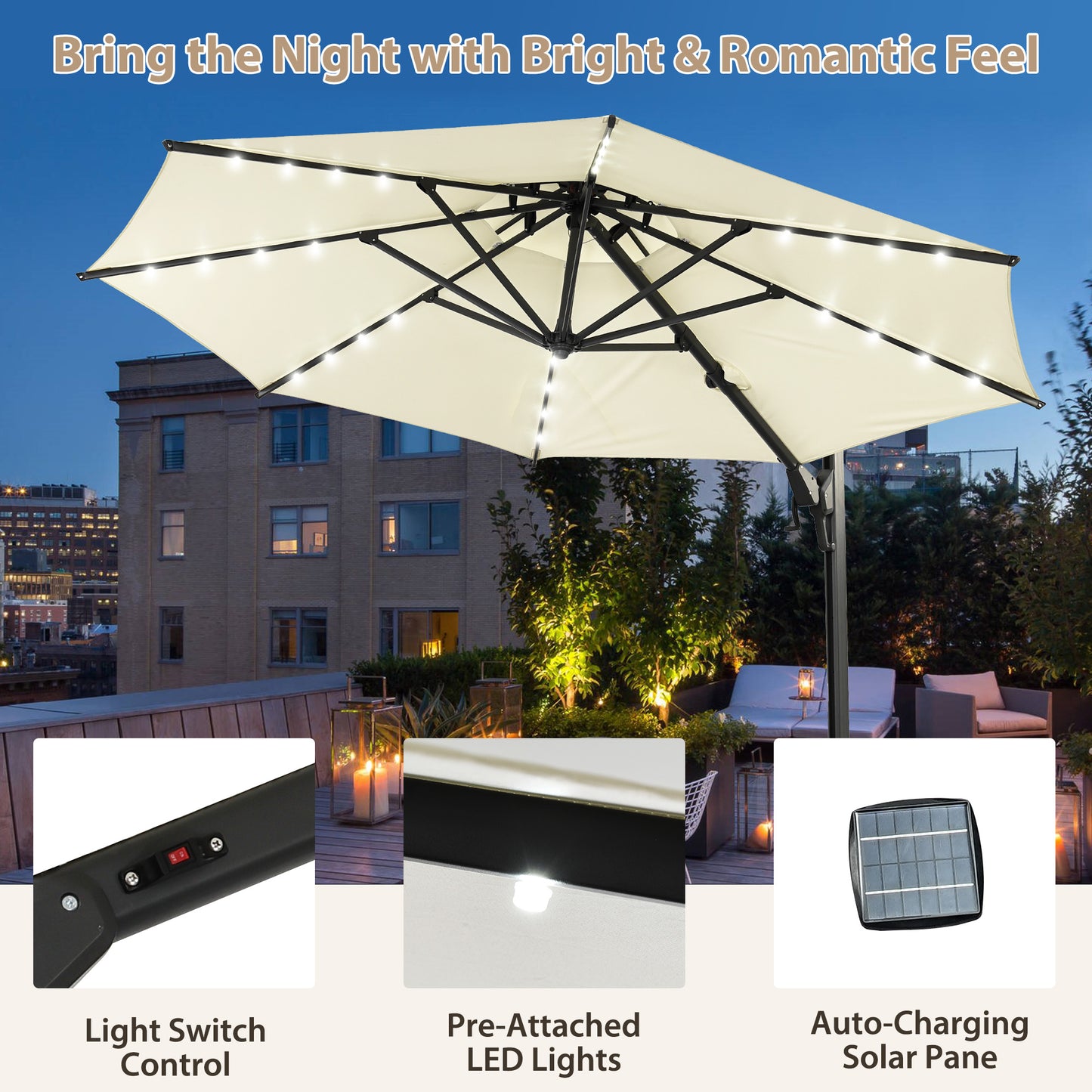 Autlaycil 10' Patio Umbrella with Solar Lights, Aluminum Offset Cantilever Umbrella with 360-degree Rotation for Garden Deck Pool Patio, Beige