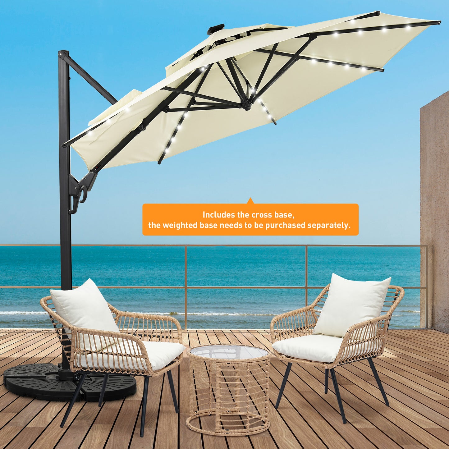 Autlaycil 5 Pcs Patio Outdoor Furniture Sets Contains 2 Wicker Furniture Patio Bistro Chairs, Table, 10 ft Solar Cantilever Umbrella and Cross Base, Beige