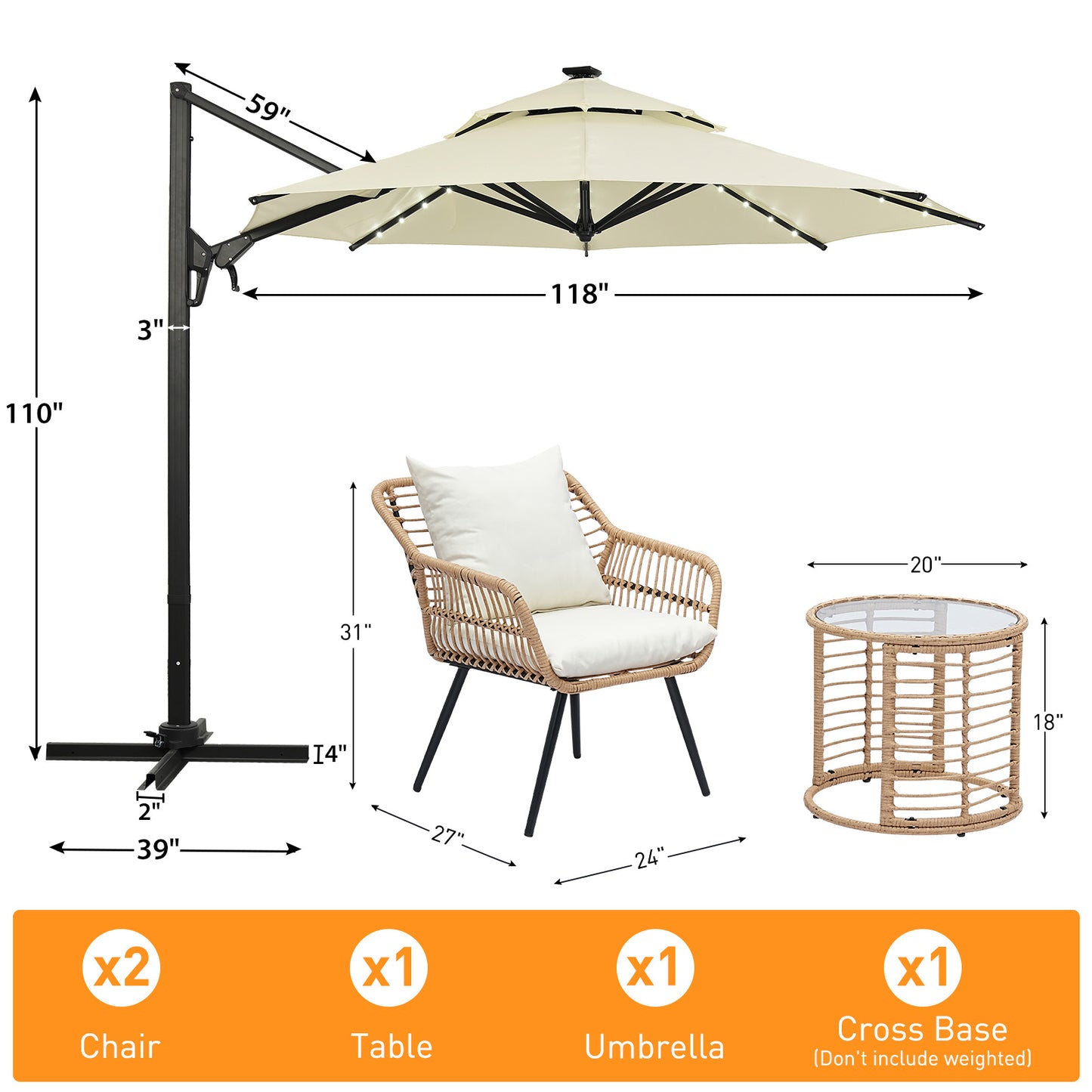 Autlaycil 5 Pcs Patio Outdoor Furniture Sets Contains 2 Wicker Furniture Patio Bistro Chairs, Table, 10 ft Solar Cantilever Umbrella and Cross Base, Beige
