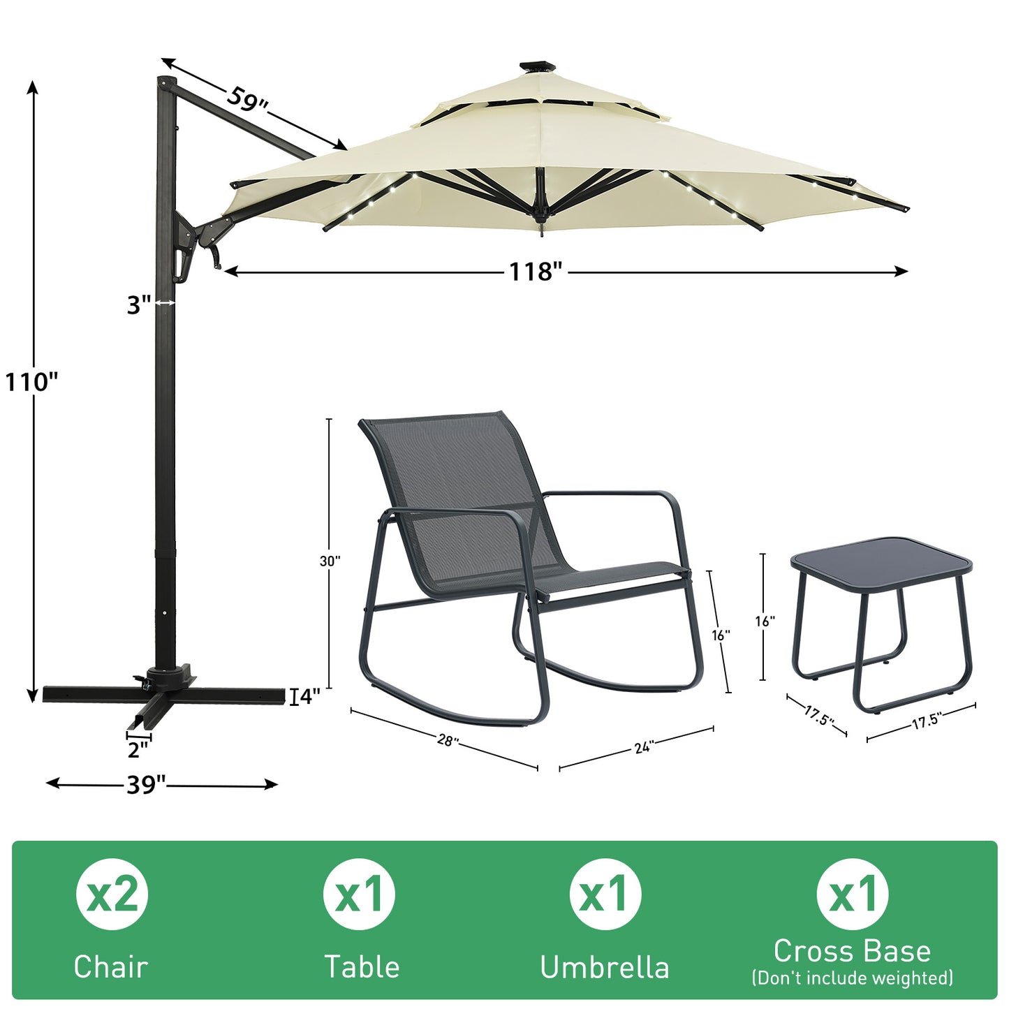 Autlaycil 5 Pcs Patio Outdoor Furniture Sets Contains 2 Textilene Fabric Rocking Bistro Chairs, Table, 10 ft Solar Cantilever Umbrella and Cross Base, Beige