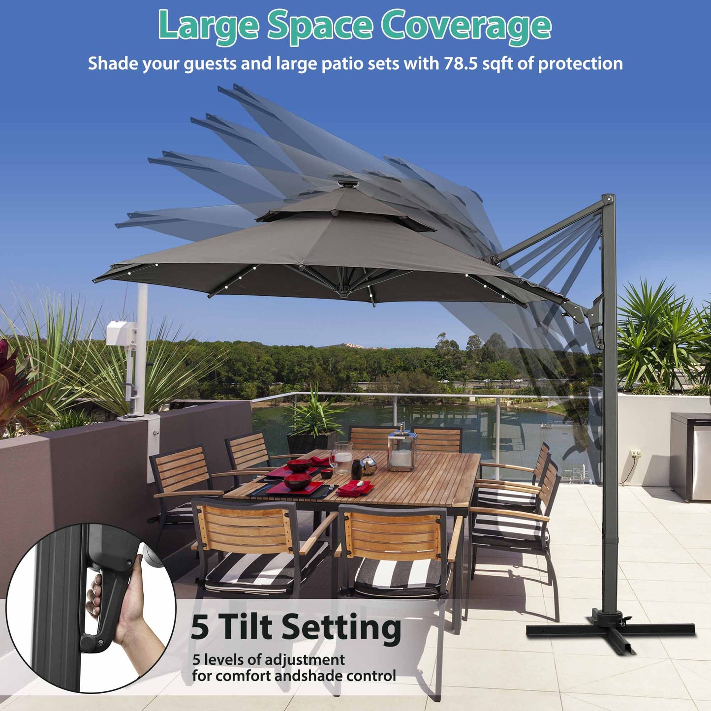 Autlaycil 10' Patio Umbrella with Solar Lights, Aluminum Offset Cantilever Umbrella with 360-degree Rotation for Garden Deck Pool Patio, Grey
