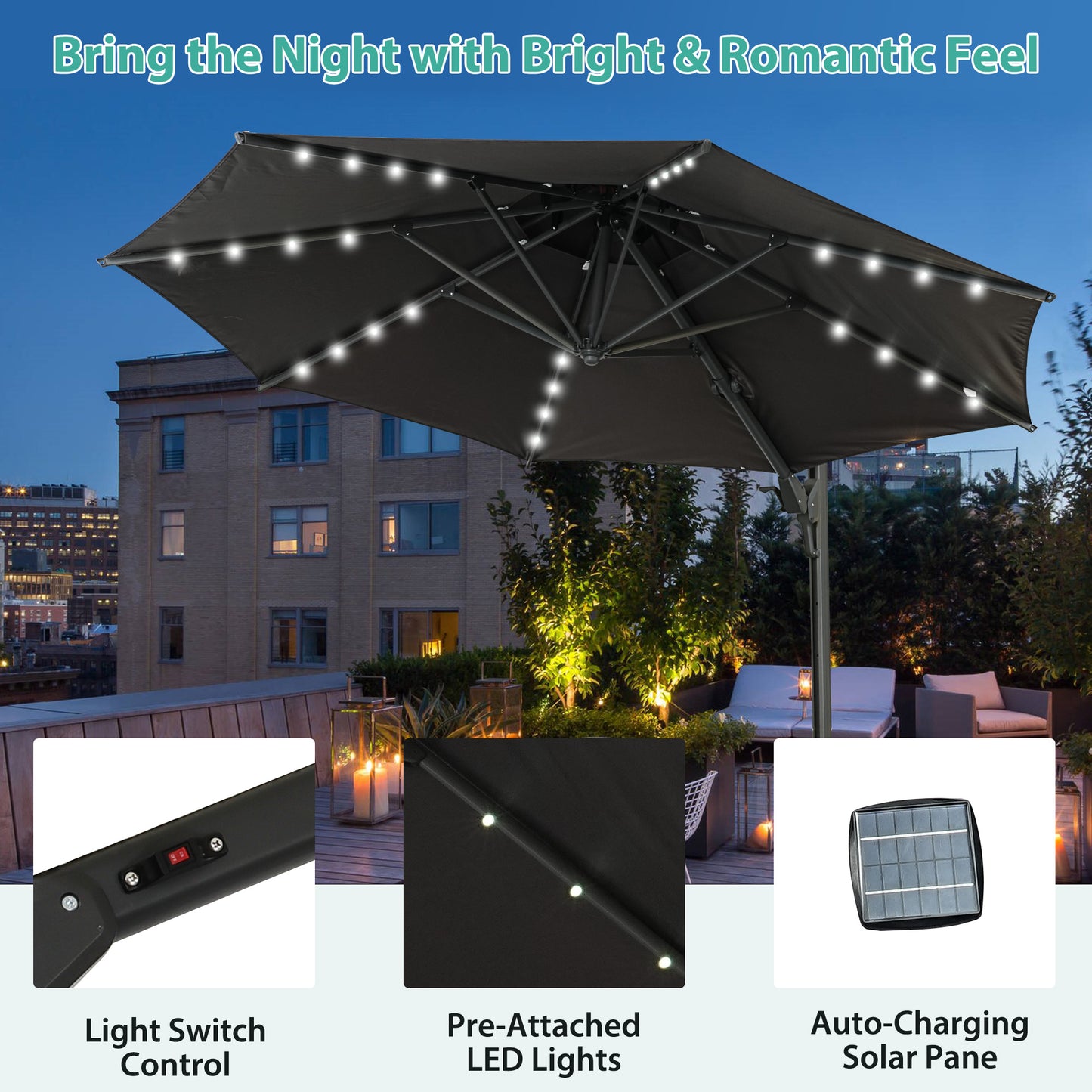 Autlaycil 10' Patio Umbrella with Solar Lights, Aluminum Offset Cantilever Umbrella with 360-degree Rotation for Garden Deck Pool Patio, Grey