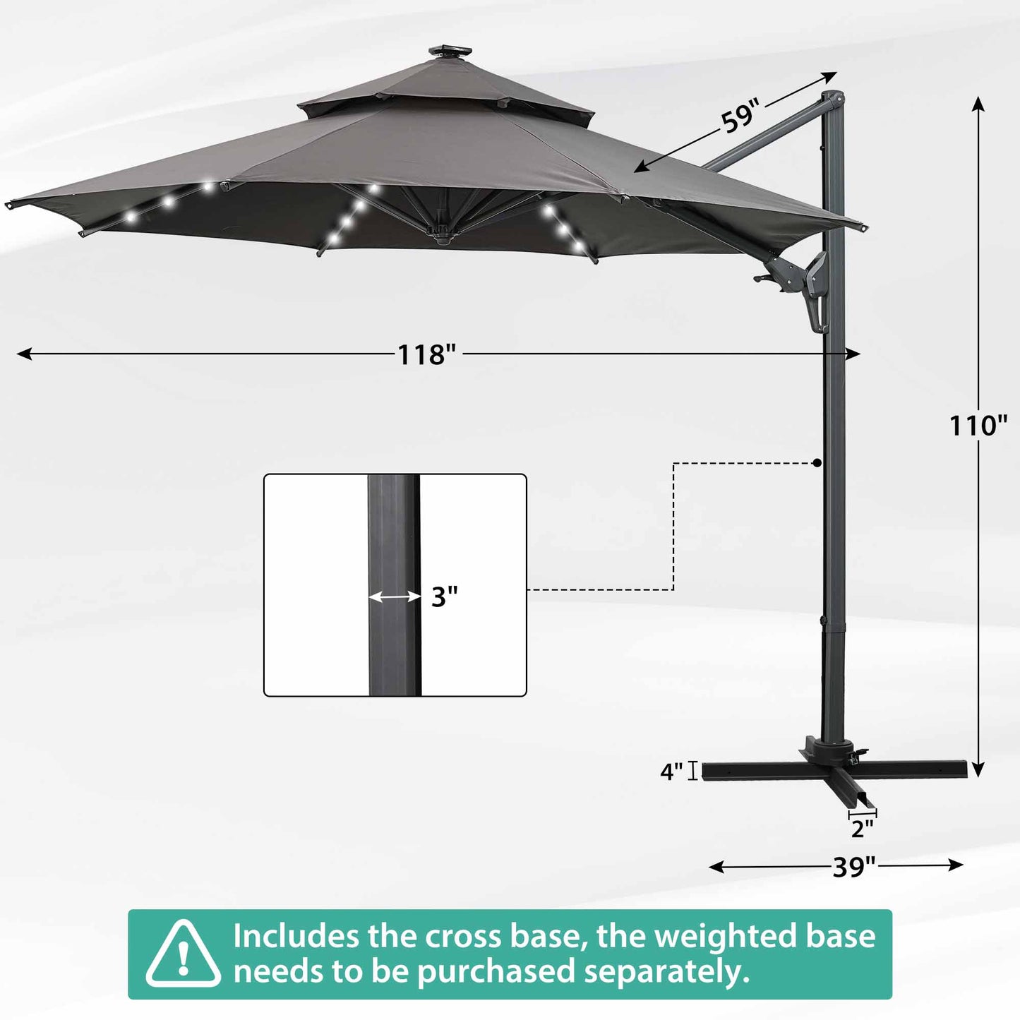 Autlaycil 10' Patio Umbrella with Solar Lights, Aluminum Offset Cantilever Umbrella with 360-degree Rotation for Garden Deck Pool Patio, Grey