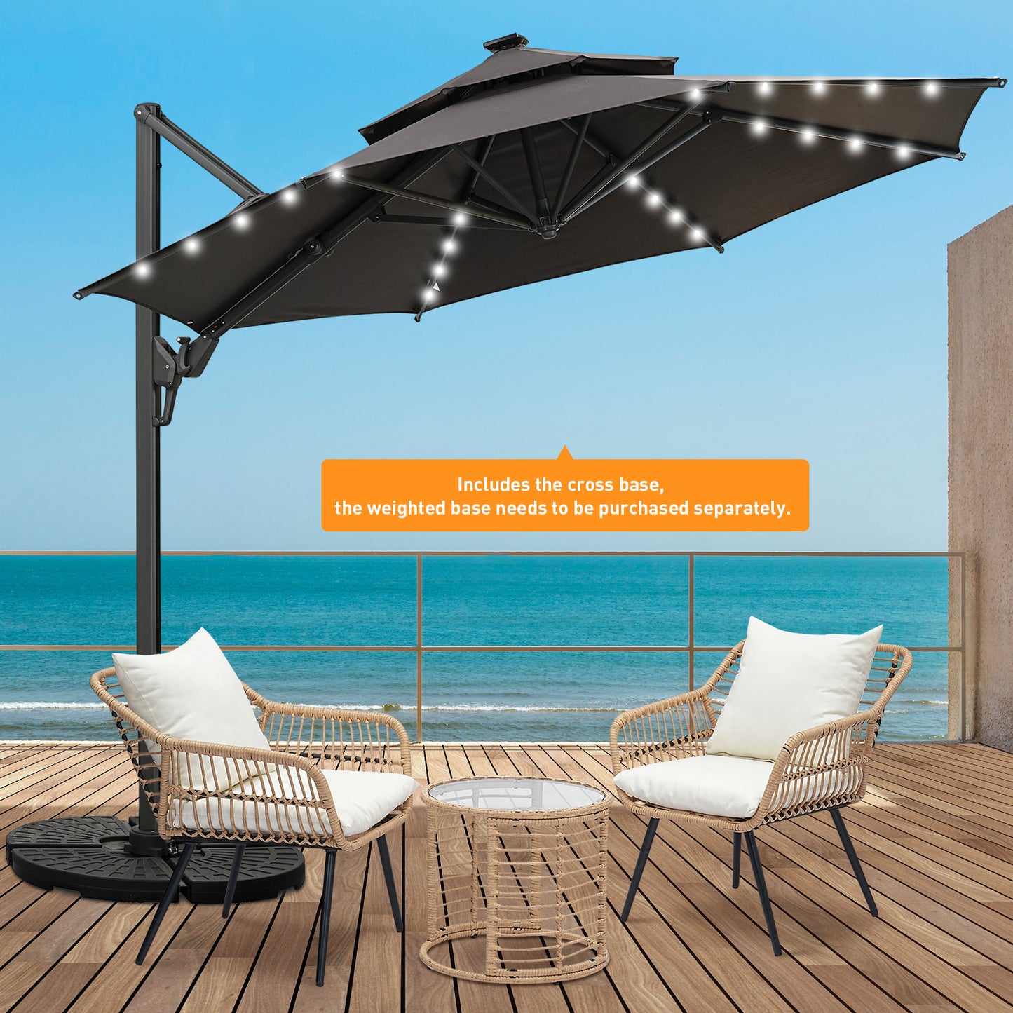 Autlaycil 5 Pcs Patio Outdoor Furniture Sets Contains 2 Wicker Furniture Patio Bistro Chairs, Table, 10 ft Solar Cantilever Umbrella and Cross Base, Grey