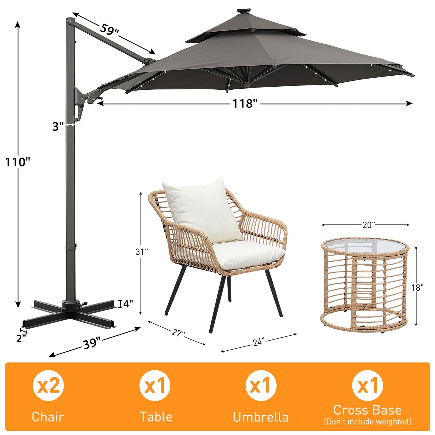 Autlaycil 5 Pcs Patio Outdoor Furniture Sets Contains 2 Wicker Furniture Patio Bistro Chairs, Table, 10 ft Solar Cantilever Umbrella and Cross Base, Grey