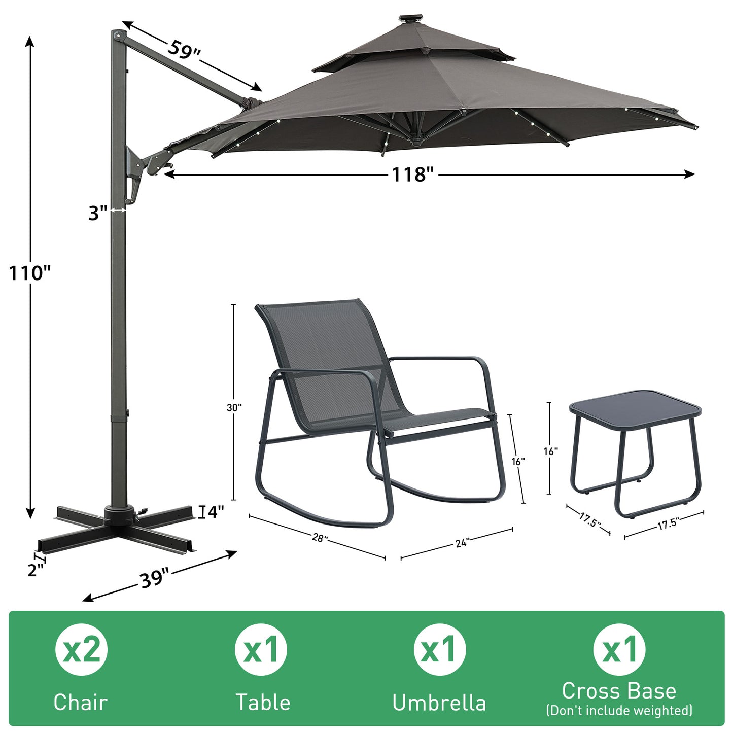 Autlaycil 5 Pcs Patio Outdoor Furniture Sets Contains 2 Textilene Fabric Rocking Bistro Chairs, Table, 10 ft Solar Cantilever Umbrella and Cross Base, Grey