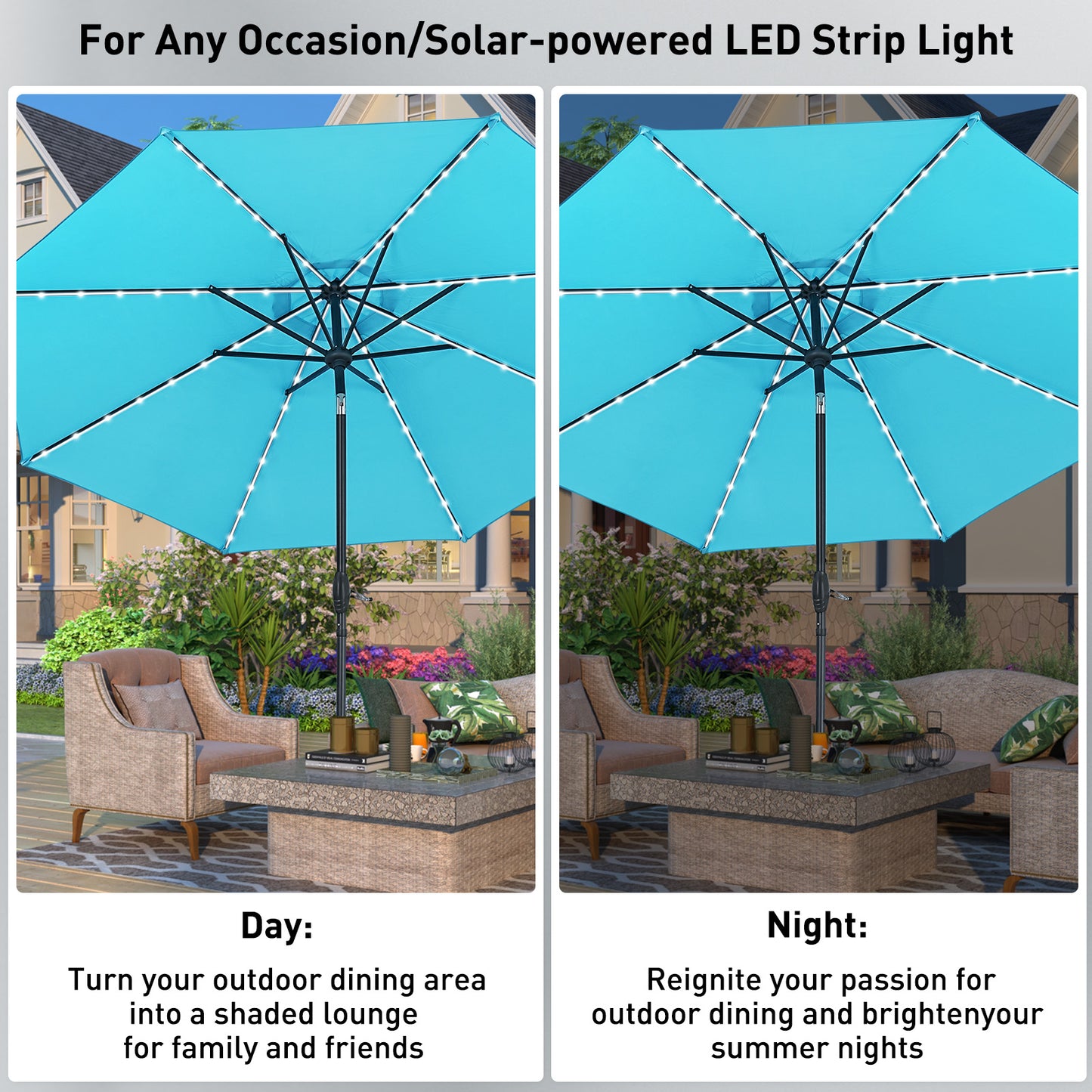 Autlaycil 10 ft Patio Umbrella with 8 LED Strip Lights, Contain Umbrella Base, Button to Tilt, Crank to Adjust Switch (Blue)