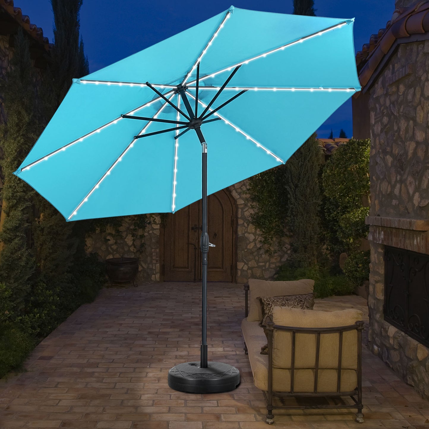 Autlaycil 10 ft Patio Umbrella with 8 LED Strip Lights, Contain Umbrella Base, Button to Tilt, Crank to Adjust Switch (Blue)