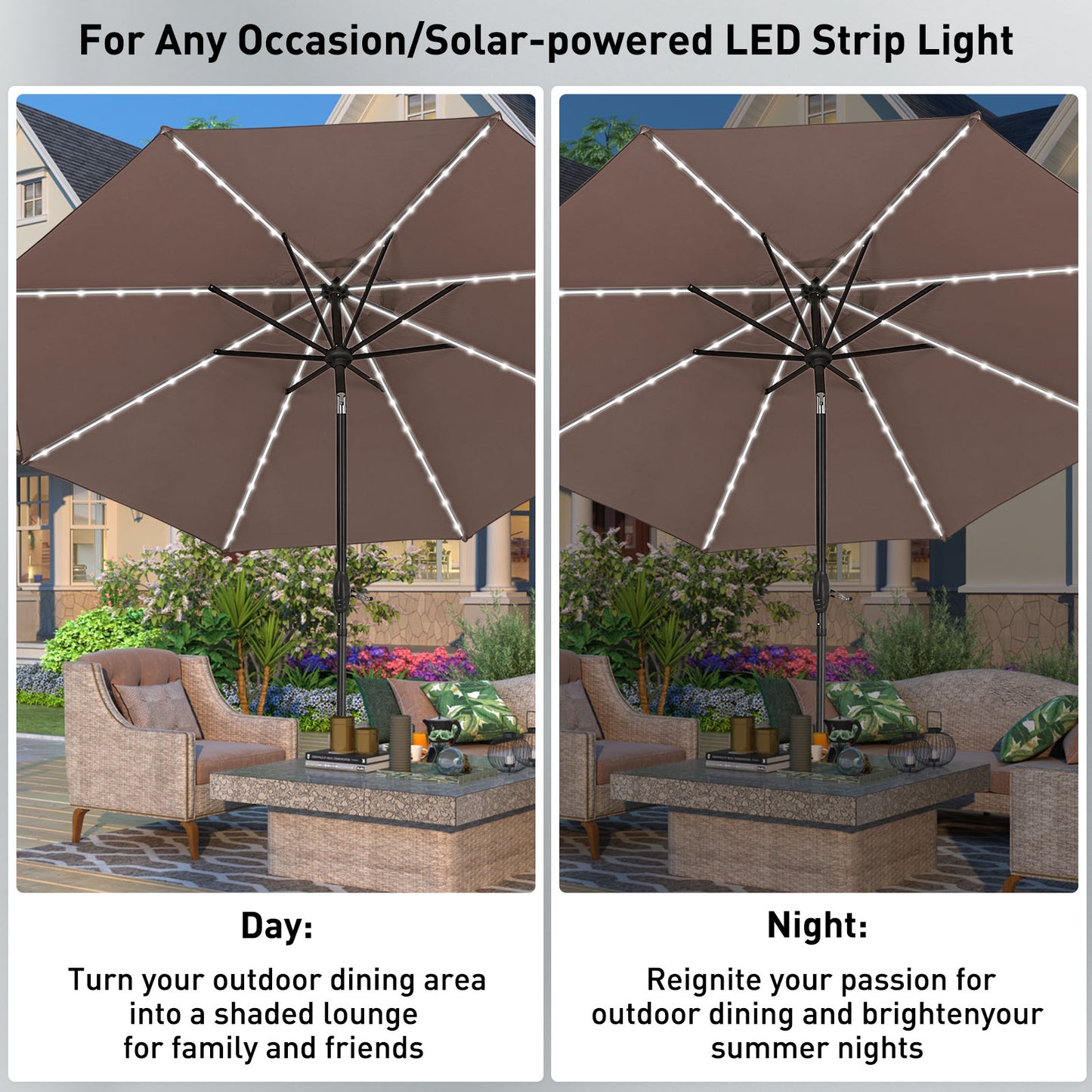 Autlaycil 10 ft Patio Umbrella with 8 LED Strip Lights, Contain Umbrella Base, Button to Tilt, Crank to Adjust Switch (Coffee)